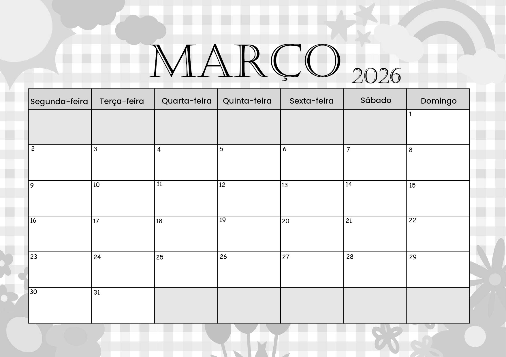 Calendário de Março de 2026 para imprimir em PDF