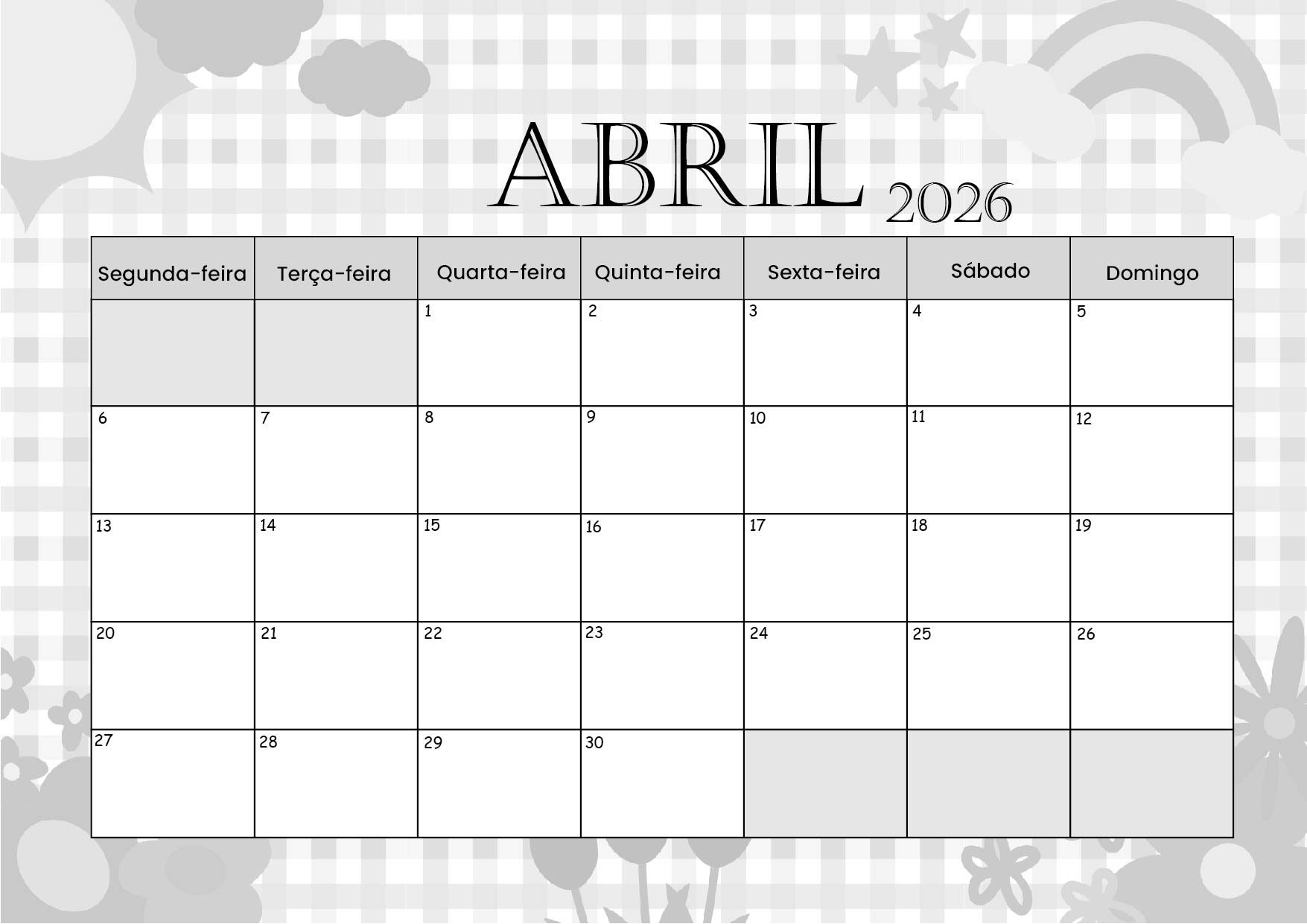 Calendário de Abril de 2026 para imprimir em PDF