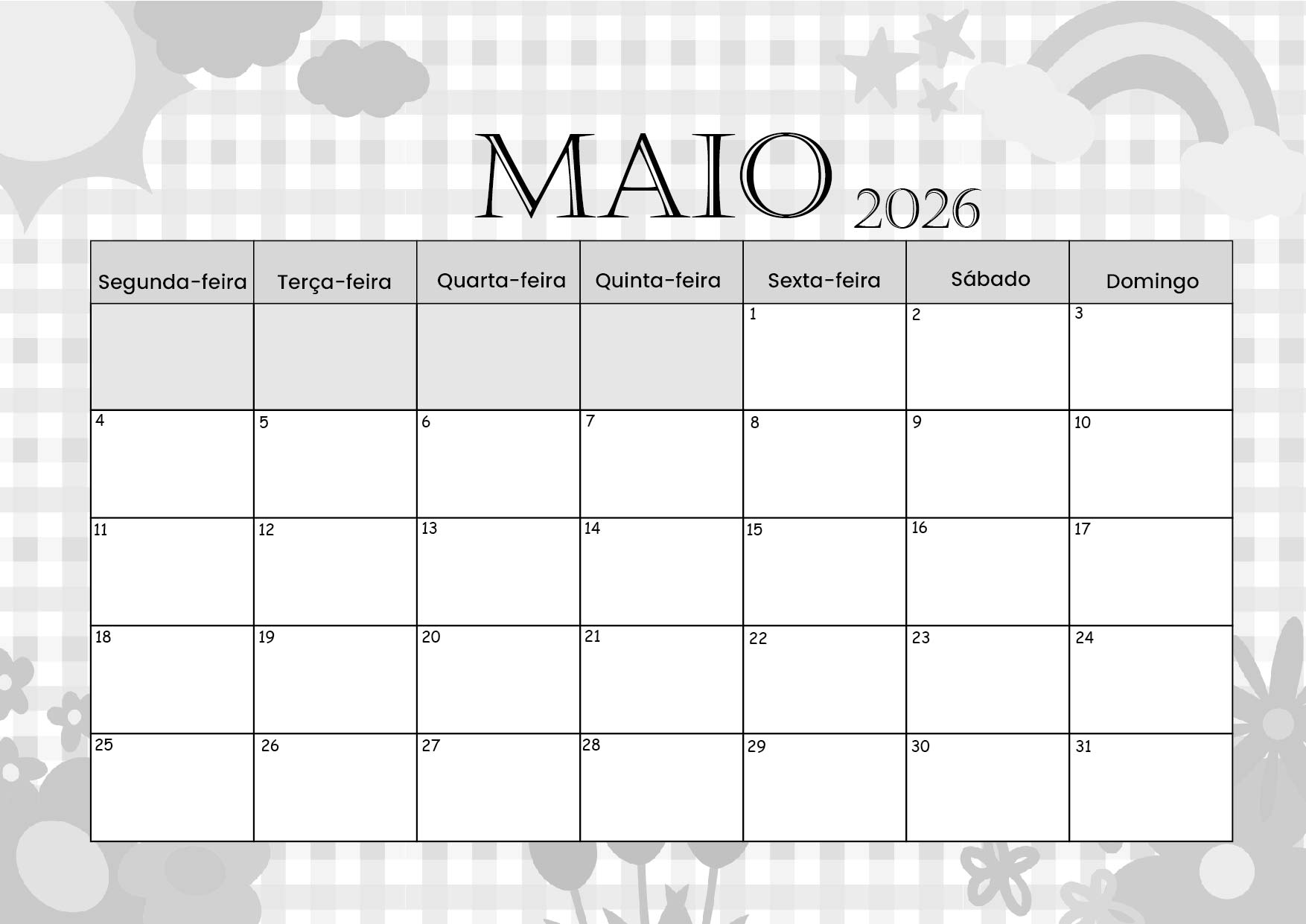 Calendário Maio 2026 para imprimir