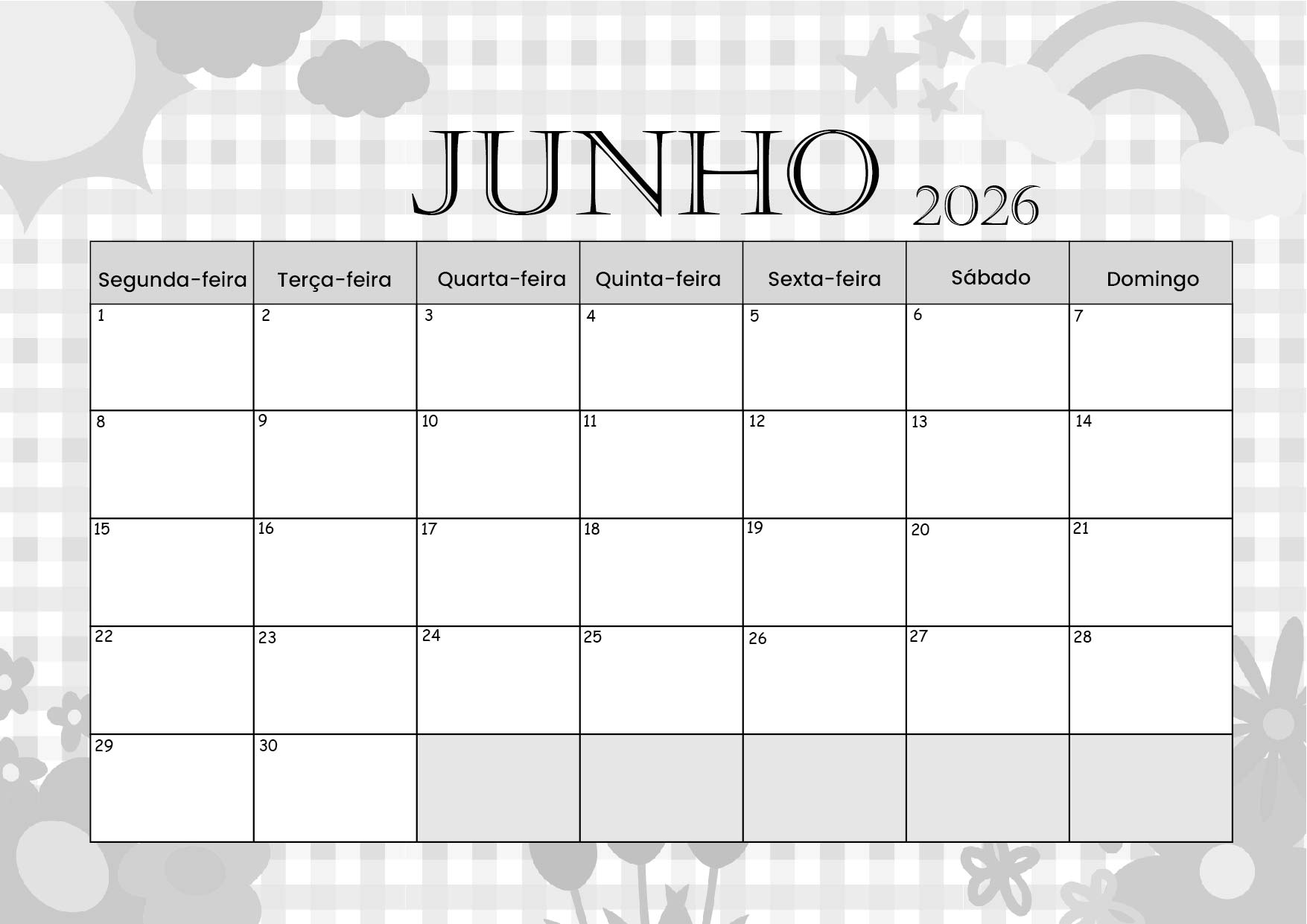 Calendário Junho 2026 para imprimir