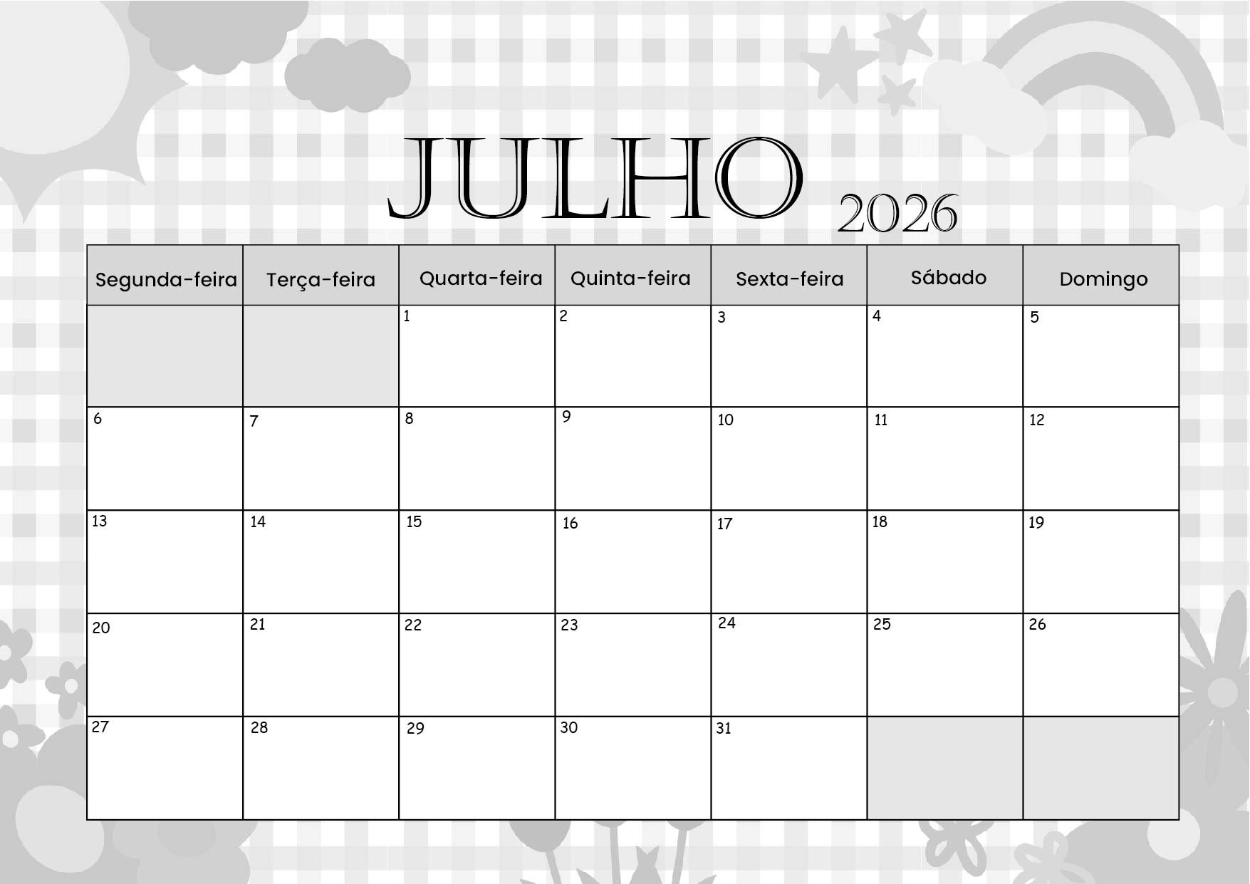 Calendário Julho 2026 para imprimir