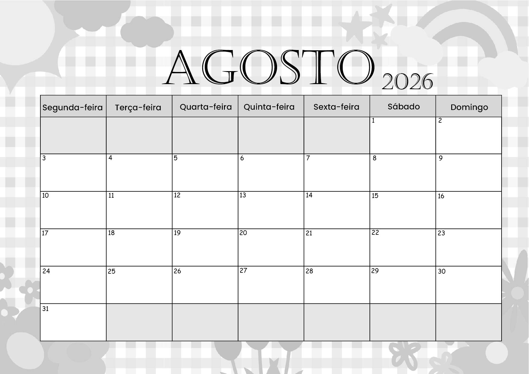 Calendário Agosto 2026 para imprimir