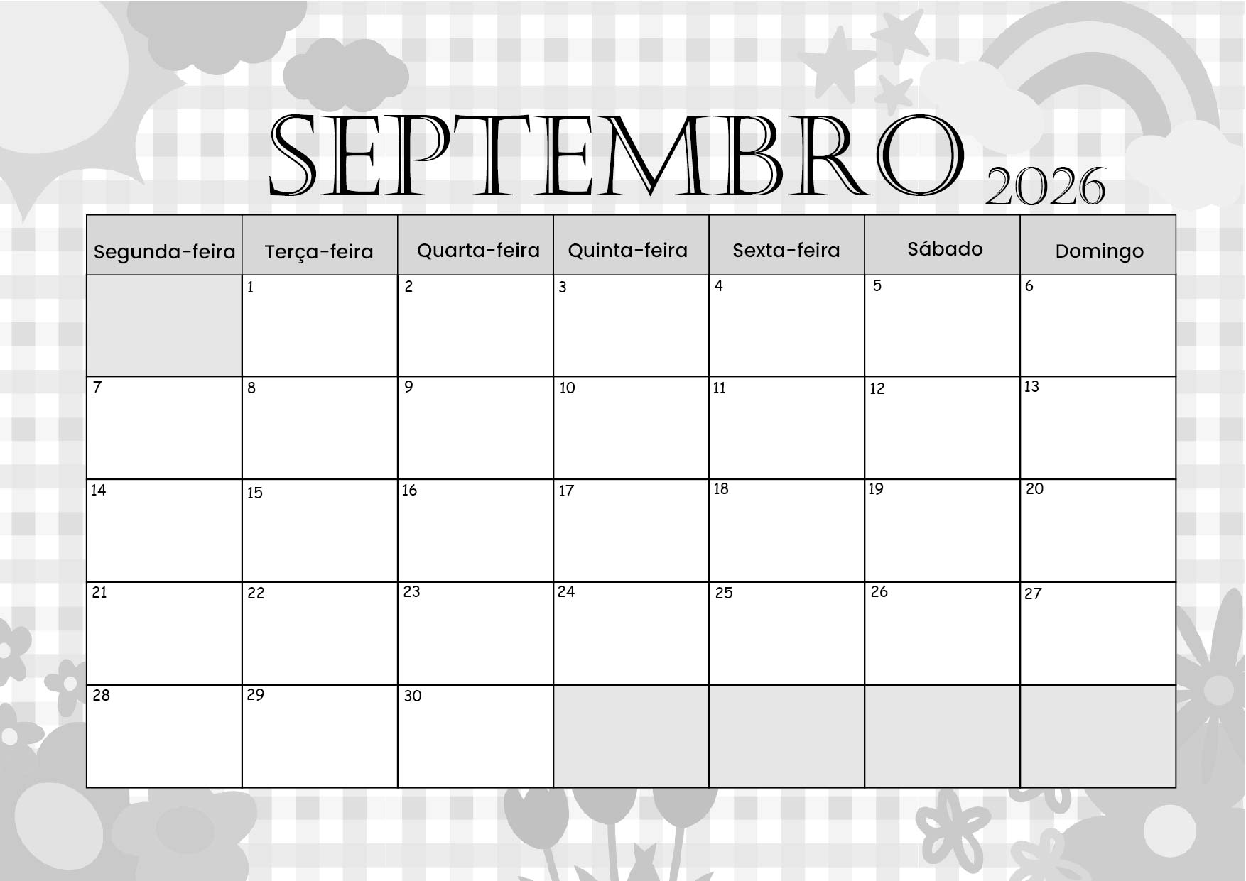 Calendário Setembro 2026 para imprimir