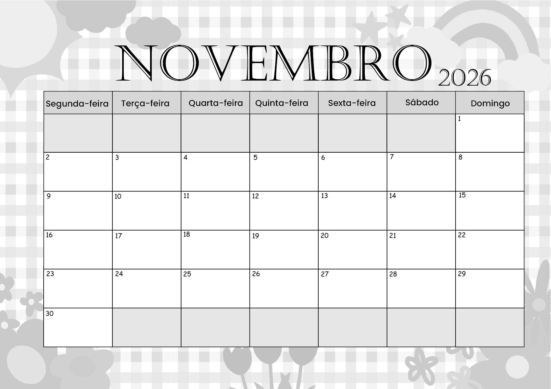 Calendário de Novembro de 2026 para imprimir em PDF