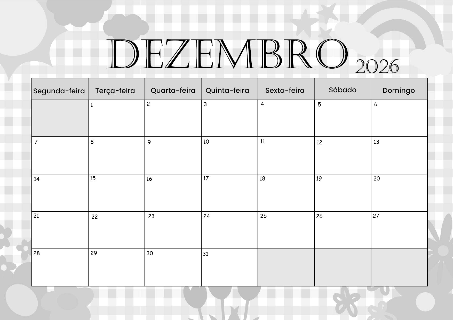 Calendário Dezembro 2026 para imprimir