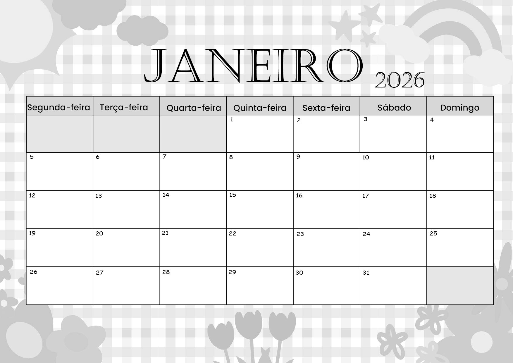 Calendário Janeiro 2026 para imprimir