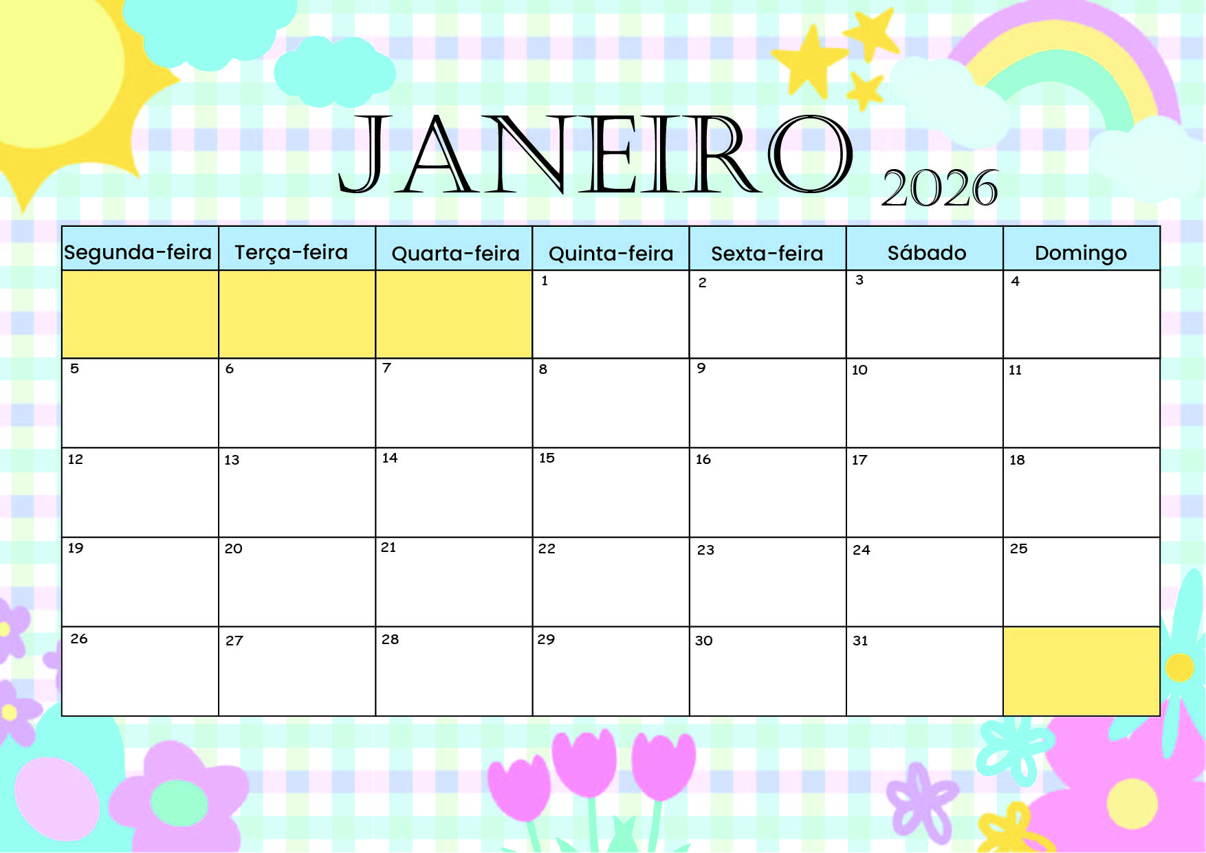 Calendário Janeiro 2026 para imprimir