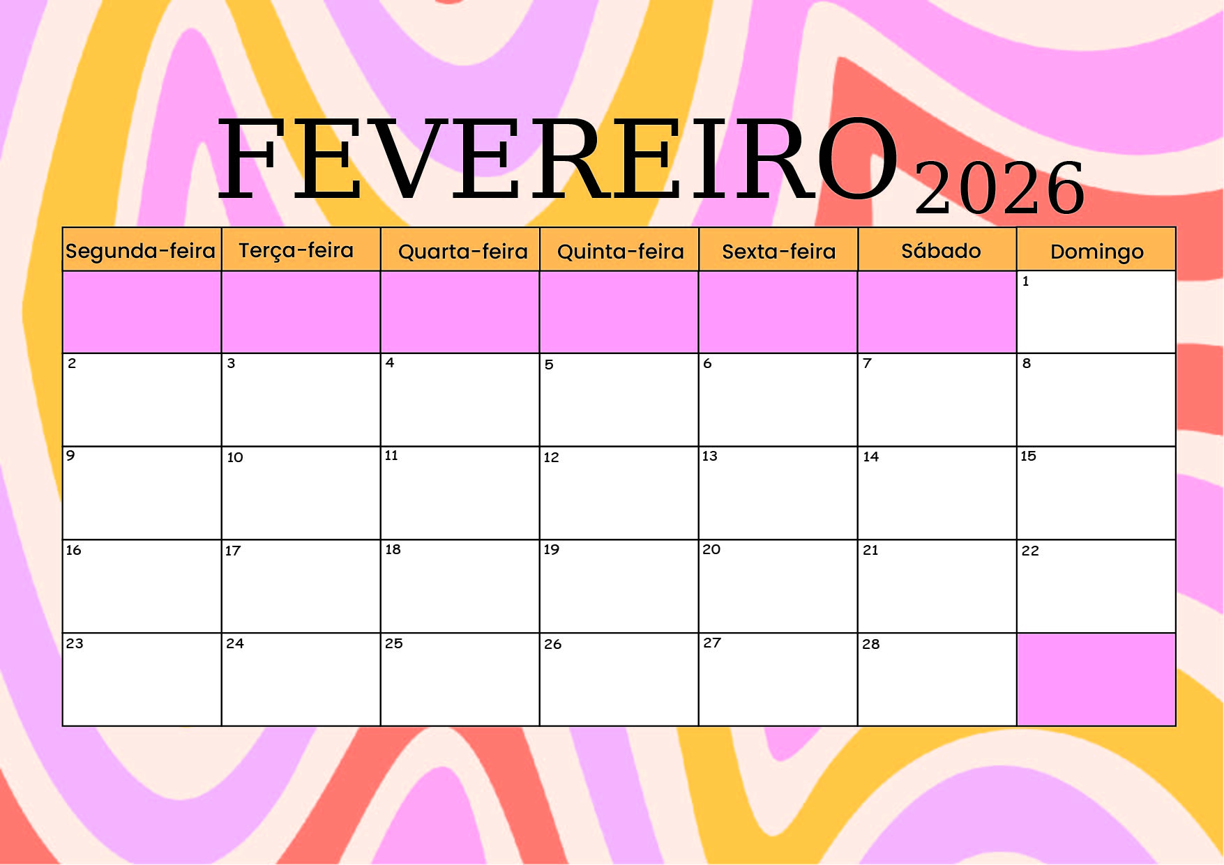 Calendário Fevereiro 2026 para imprimir