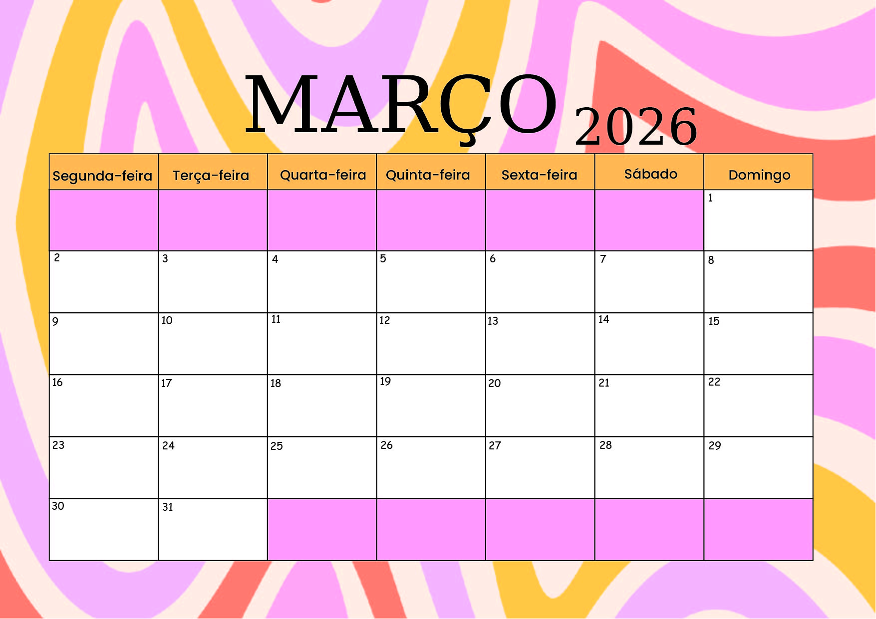 Calendário de Março de 2026 para imprimir em PDF