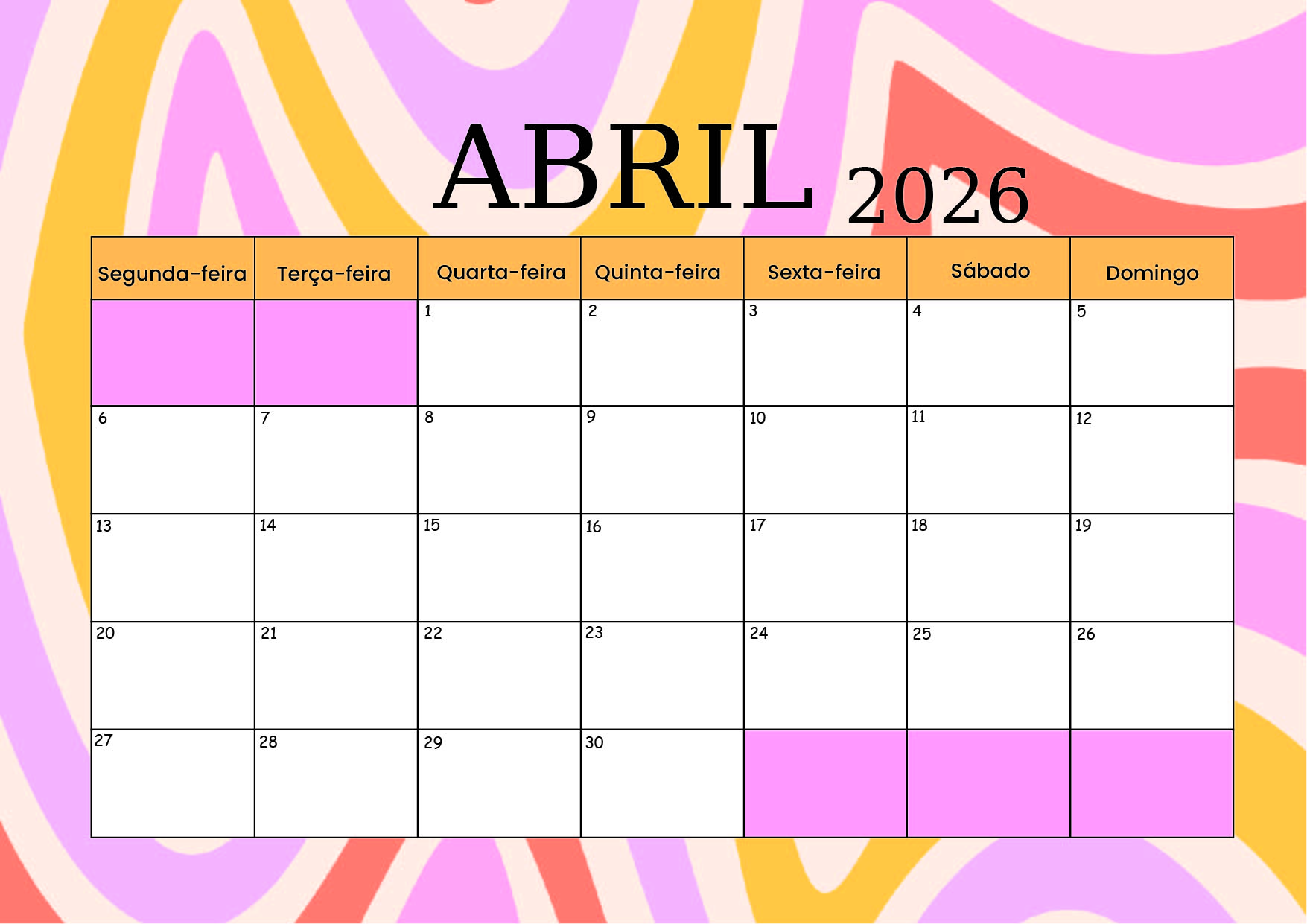 Calendário de Abril de 2026 para imprimir em PDF