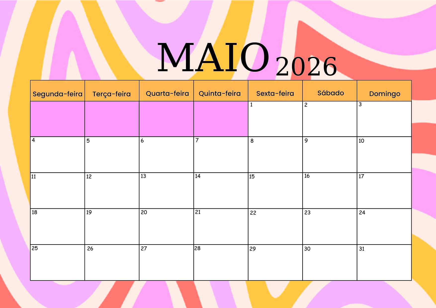 Calendário Maio 2026 para imprimir