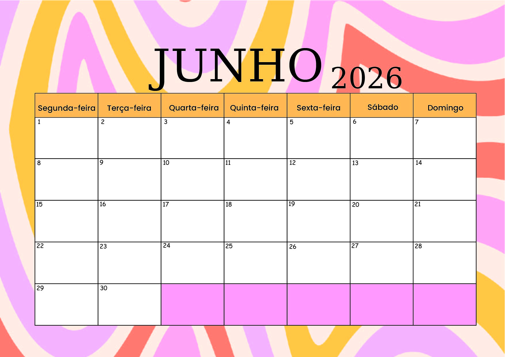 Calendário Junho 2026 para imprimir