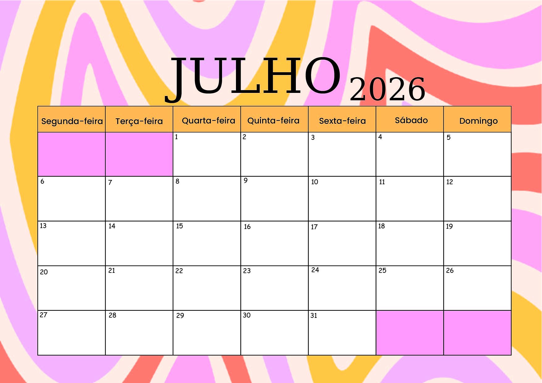Calendário Julho 2026 para imprimir