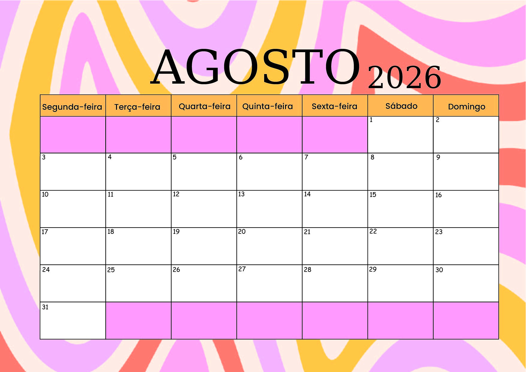 Calendário Agosto 2026 para imprimir
