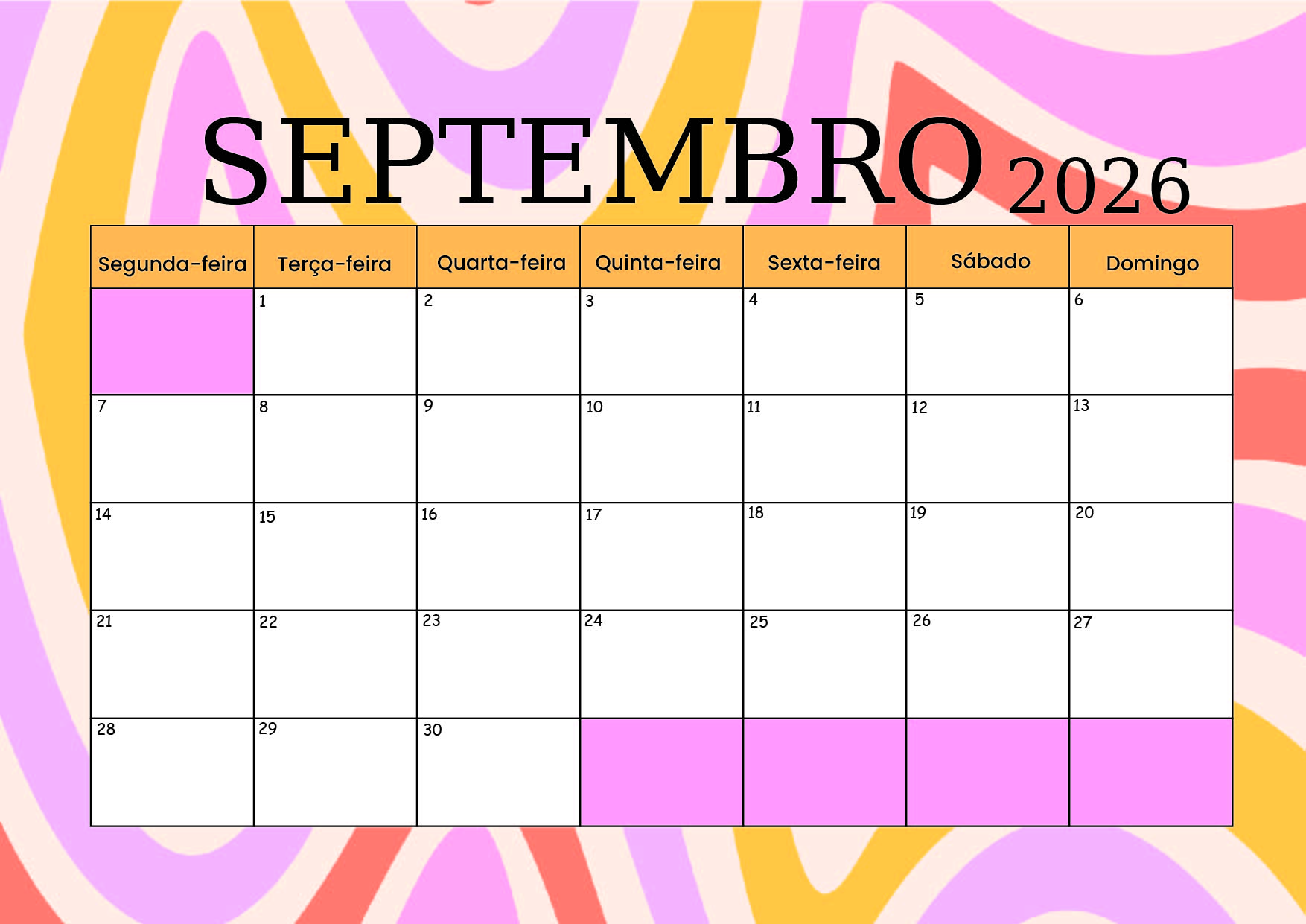 Calendário Setembro 2026 para imprimir