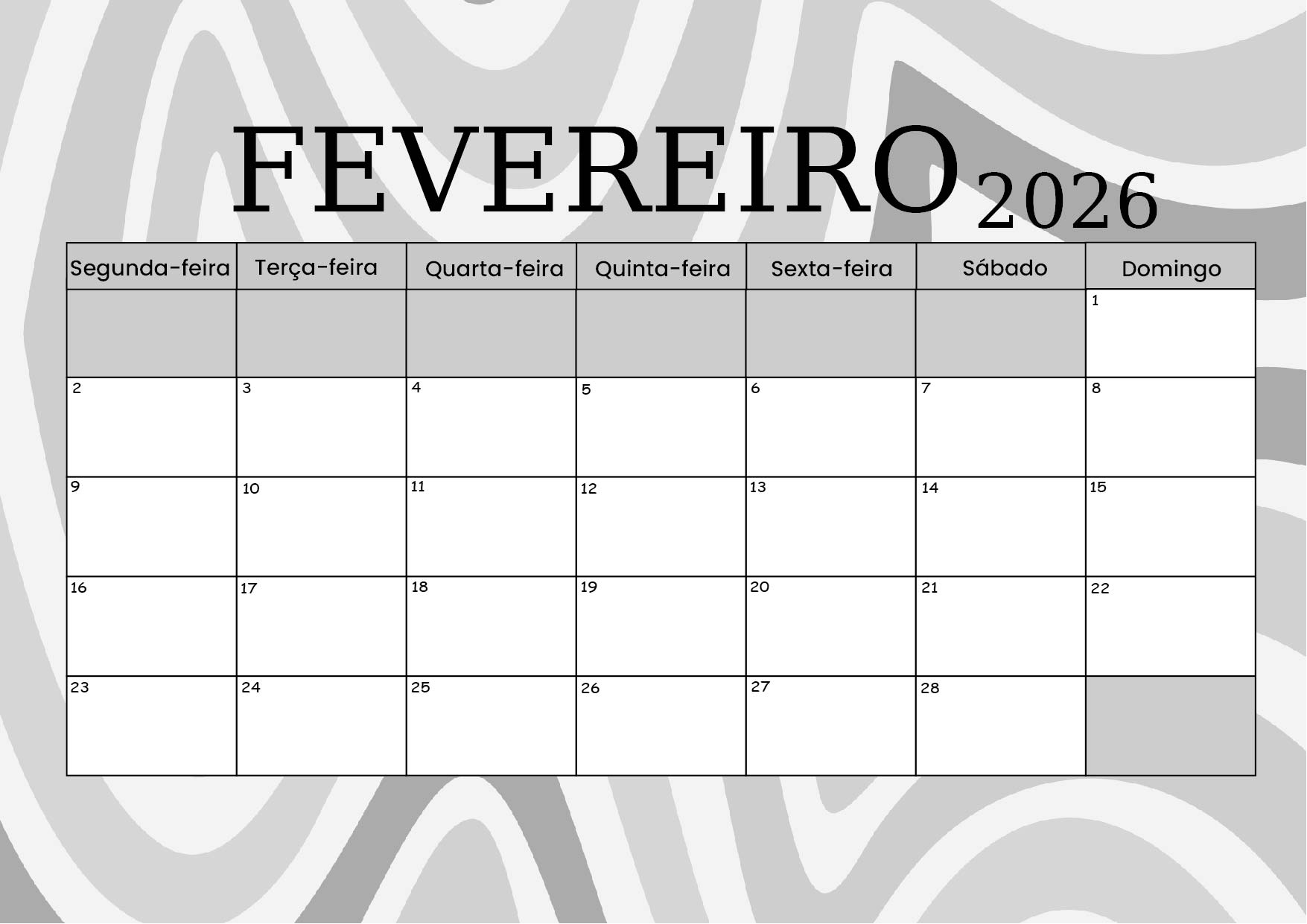 Calendário Fevereiro 2026 para imprimir