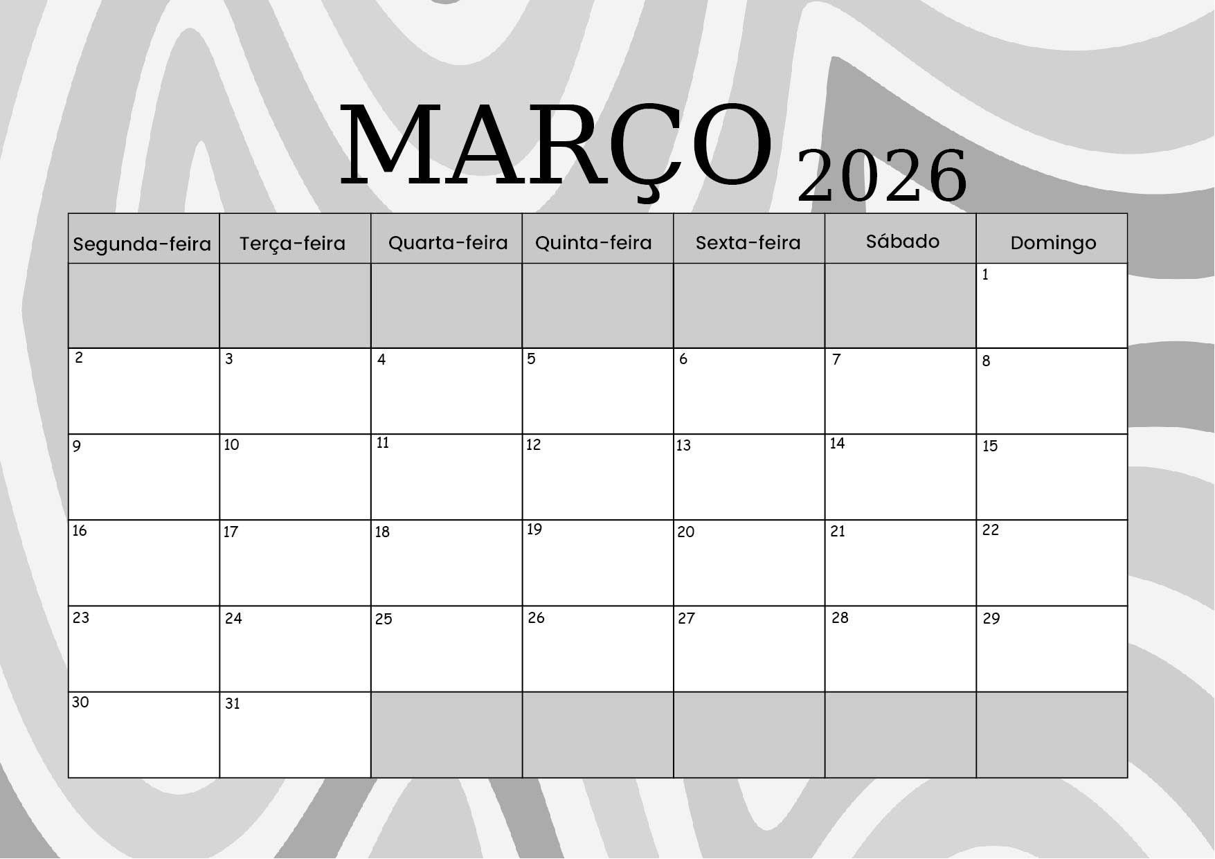 Calendário de Março de 2026 para imprimir em PDF