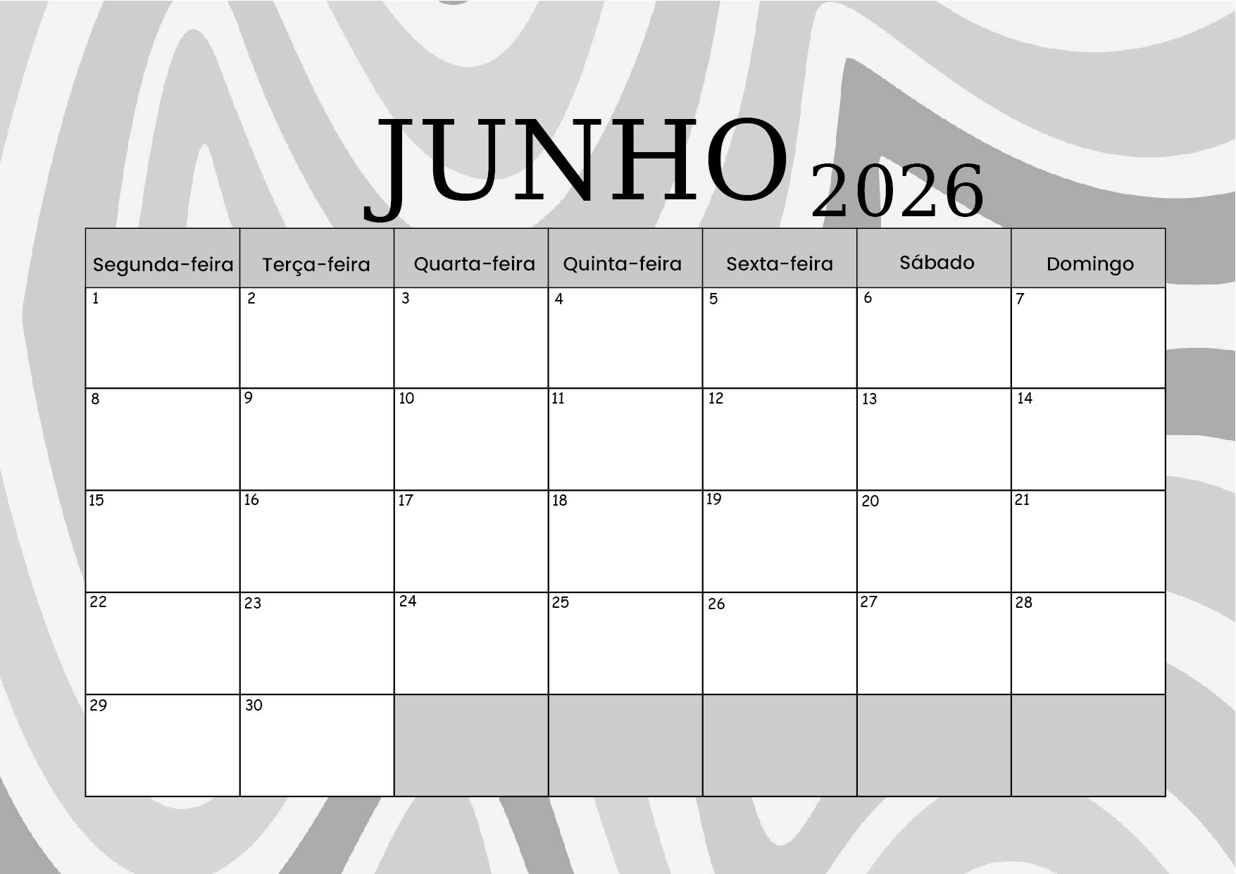 Calendário Junho 2026 para imprimir
