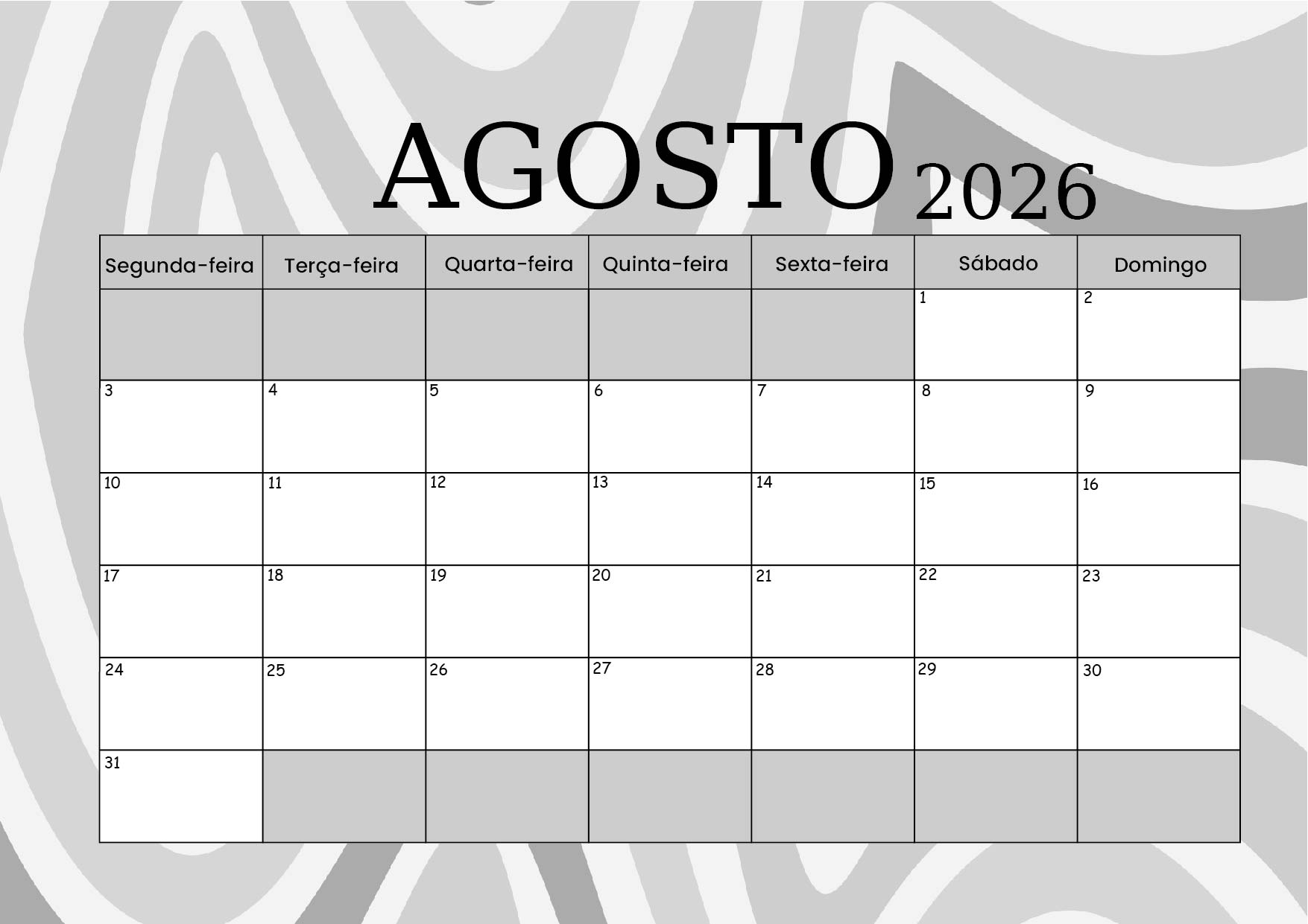 Calendário Agosto 2026 para imprimir