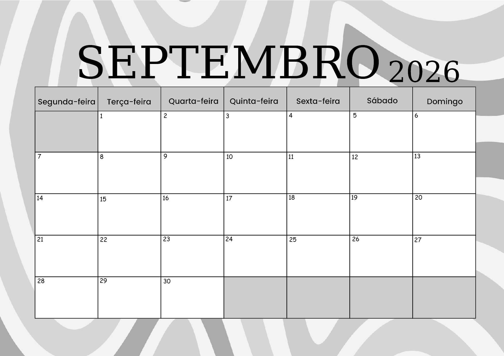 Calendário Setembro 2026 para imprimir