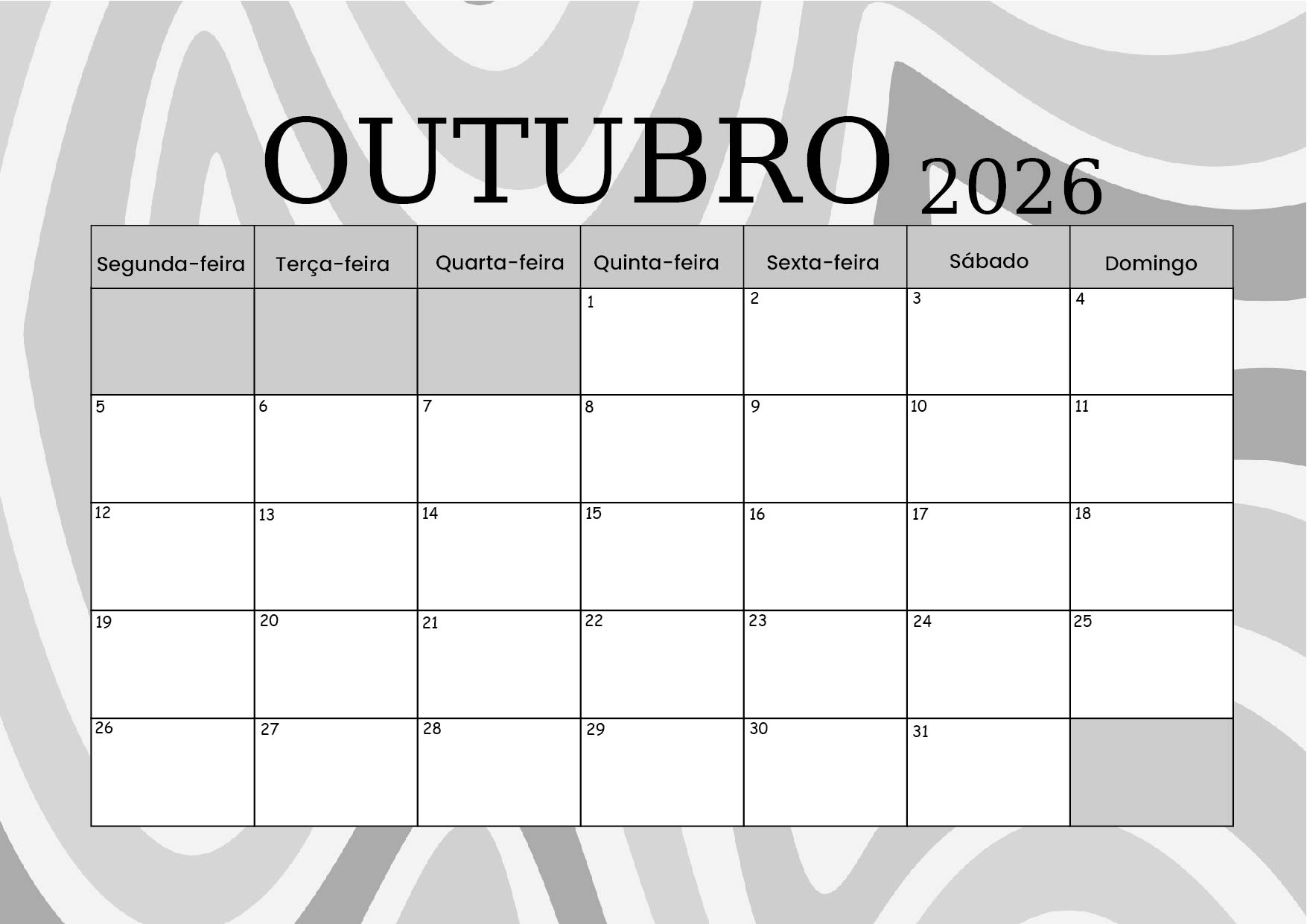Calendário de Outubro de 2026 para imprimir em PDF