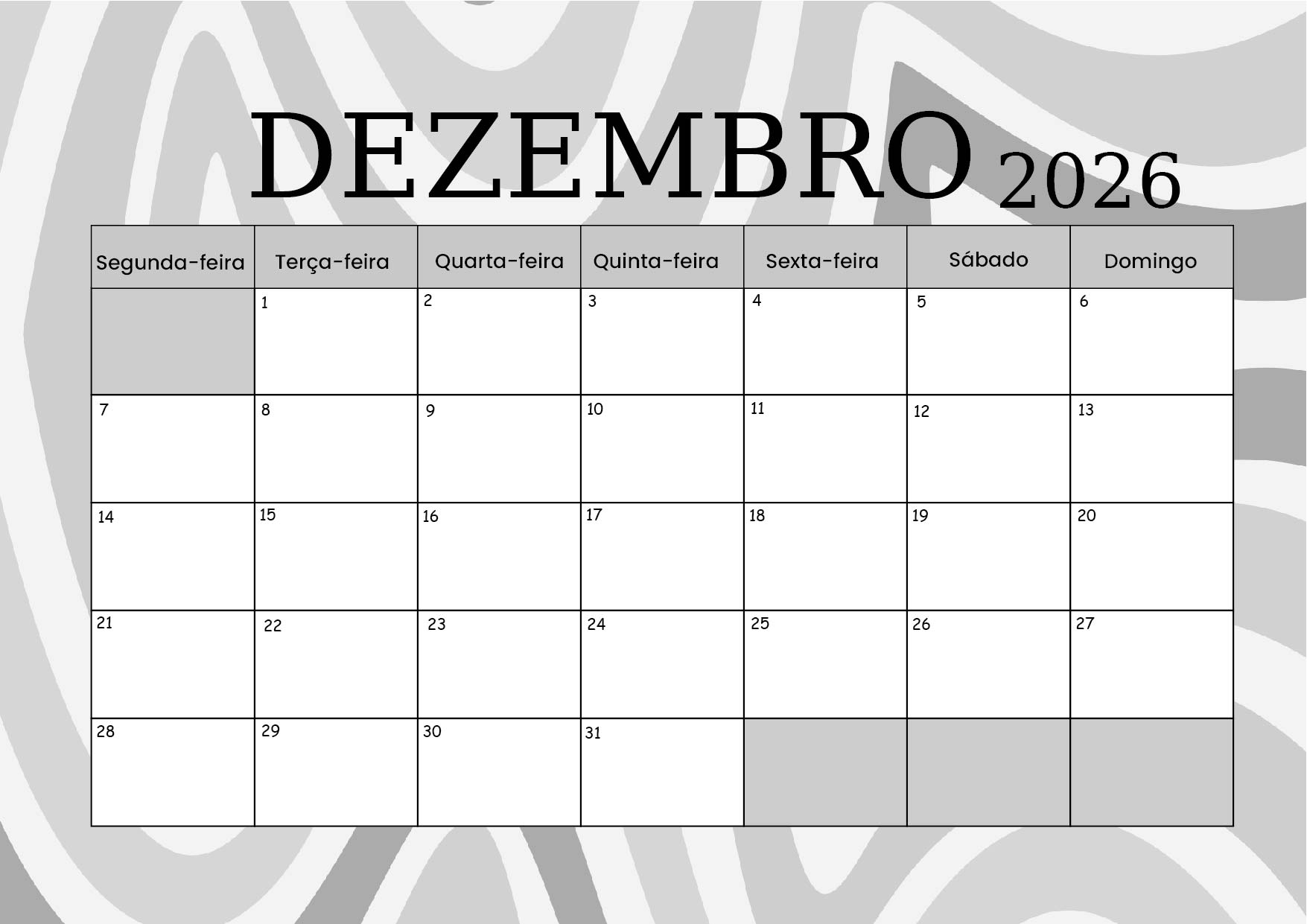 Calendário Dezembro 2026 para imprimir