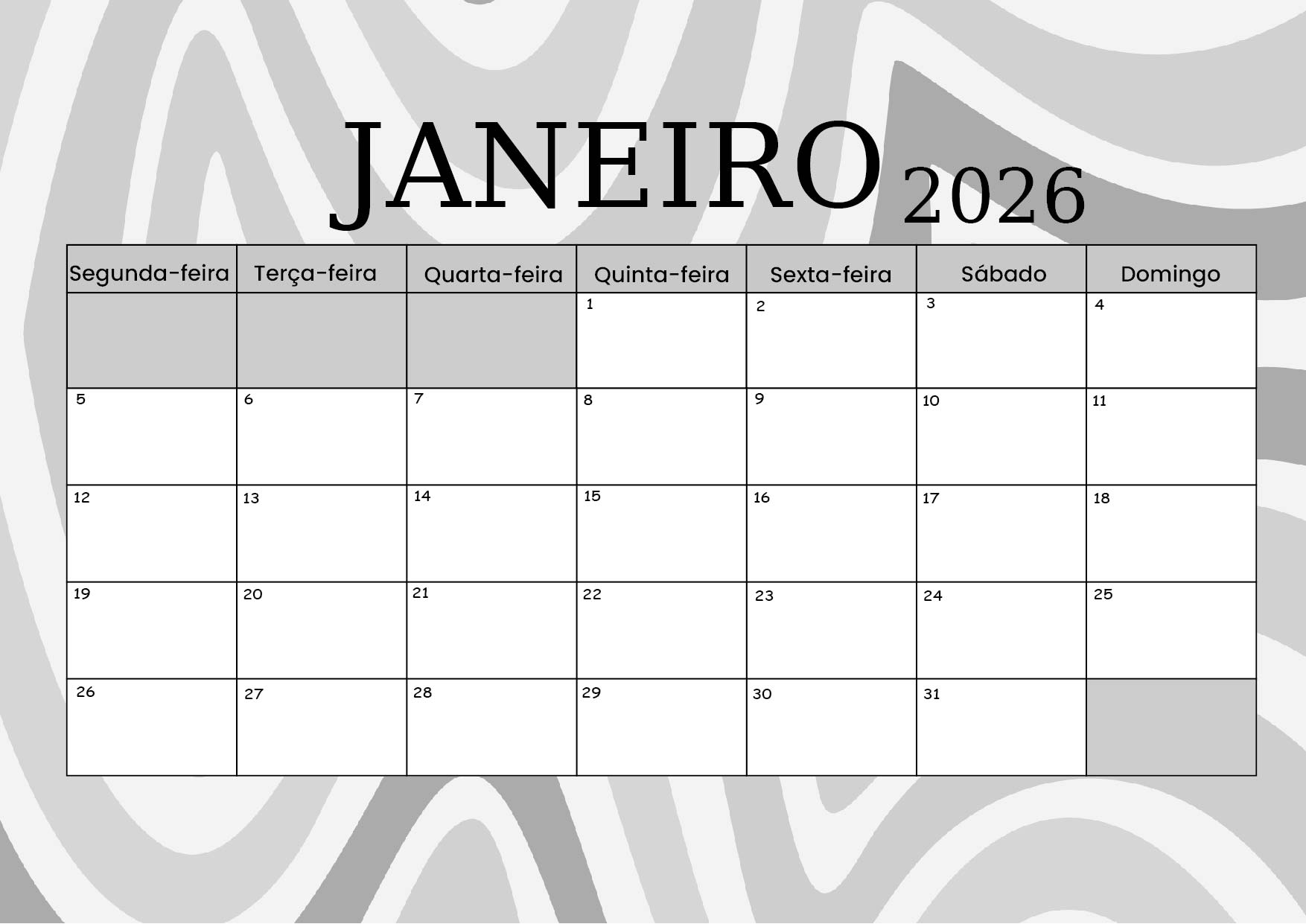 Calendário Janeiro 2026 para imprimir