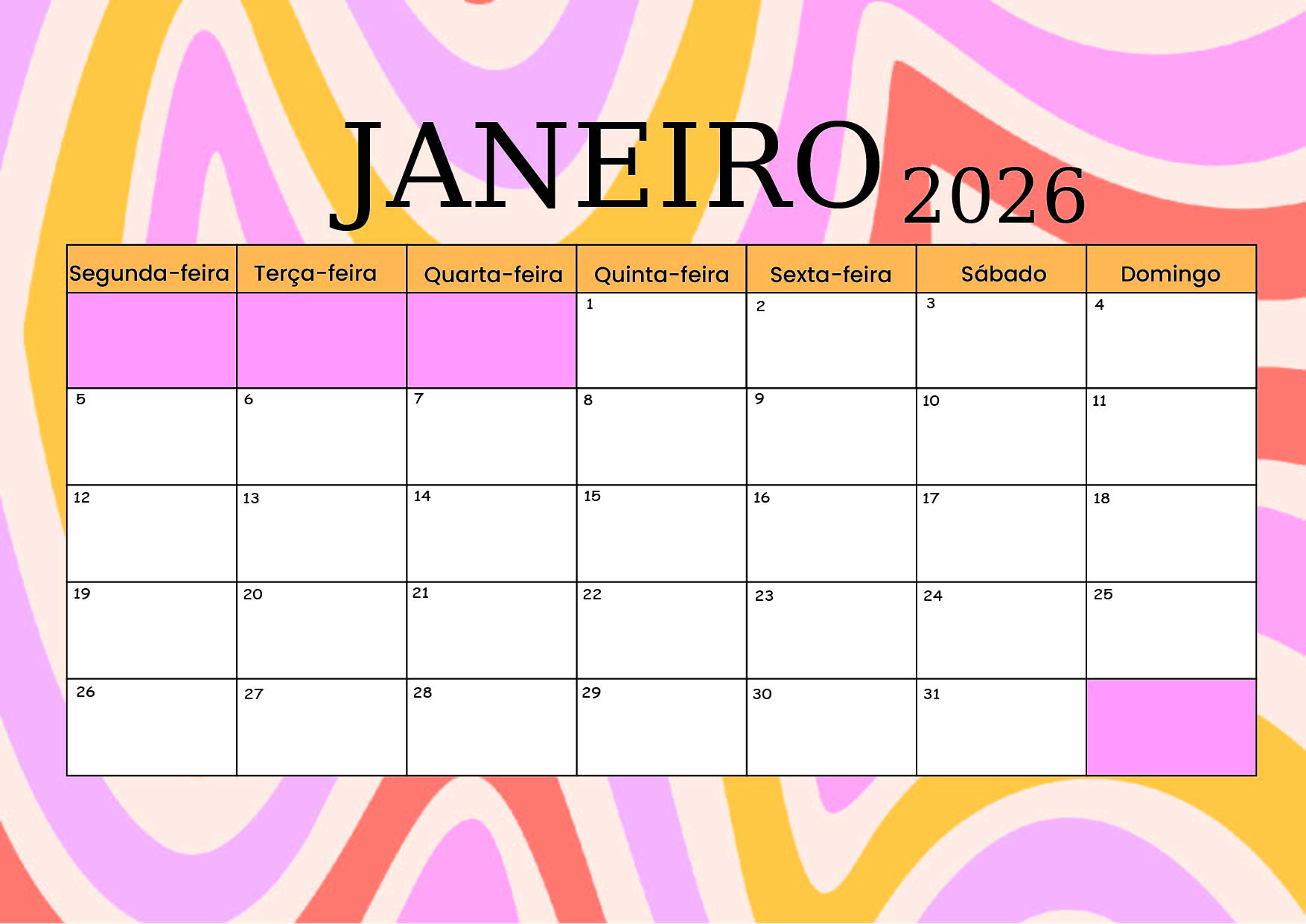 Calendário Janeiro 2026 para imprimir