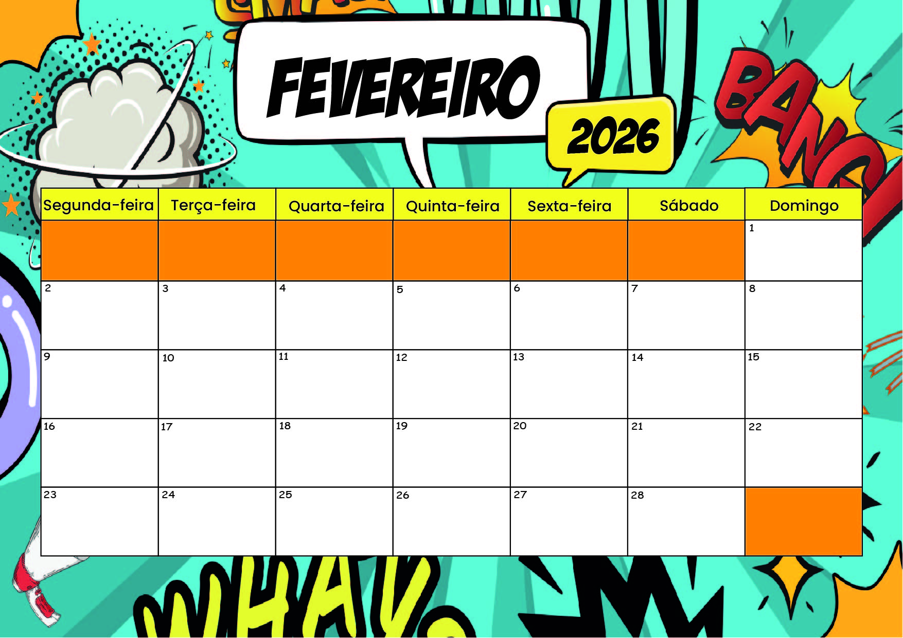 Calendário Fevereiro 2026 para imprimir