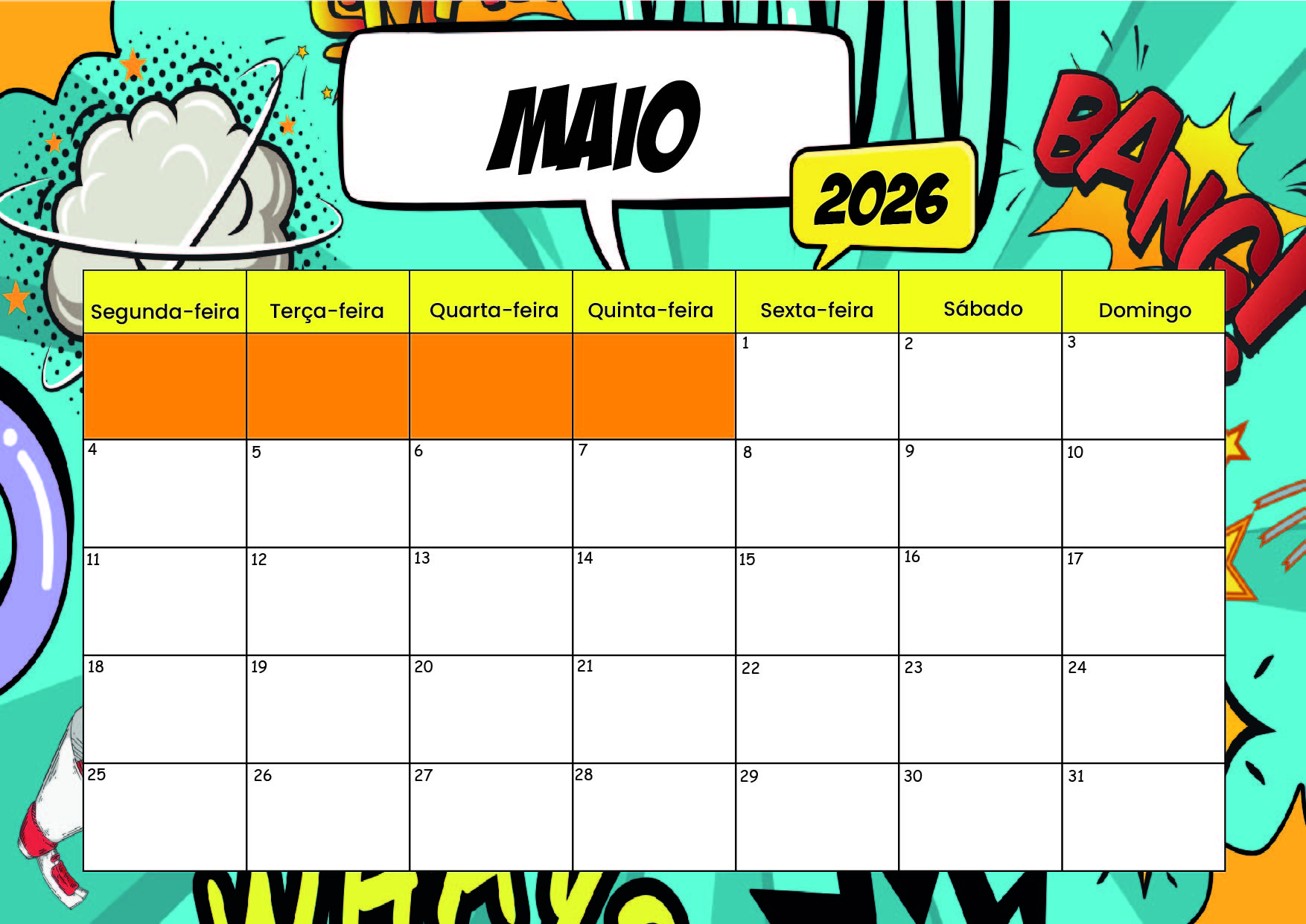 Calendário Maio 2026 para imprimir