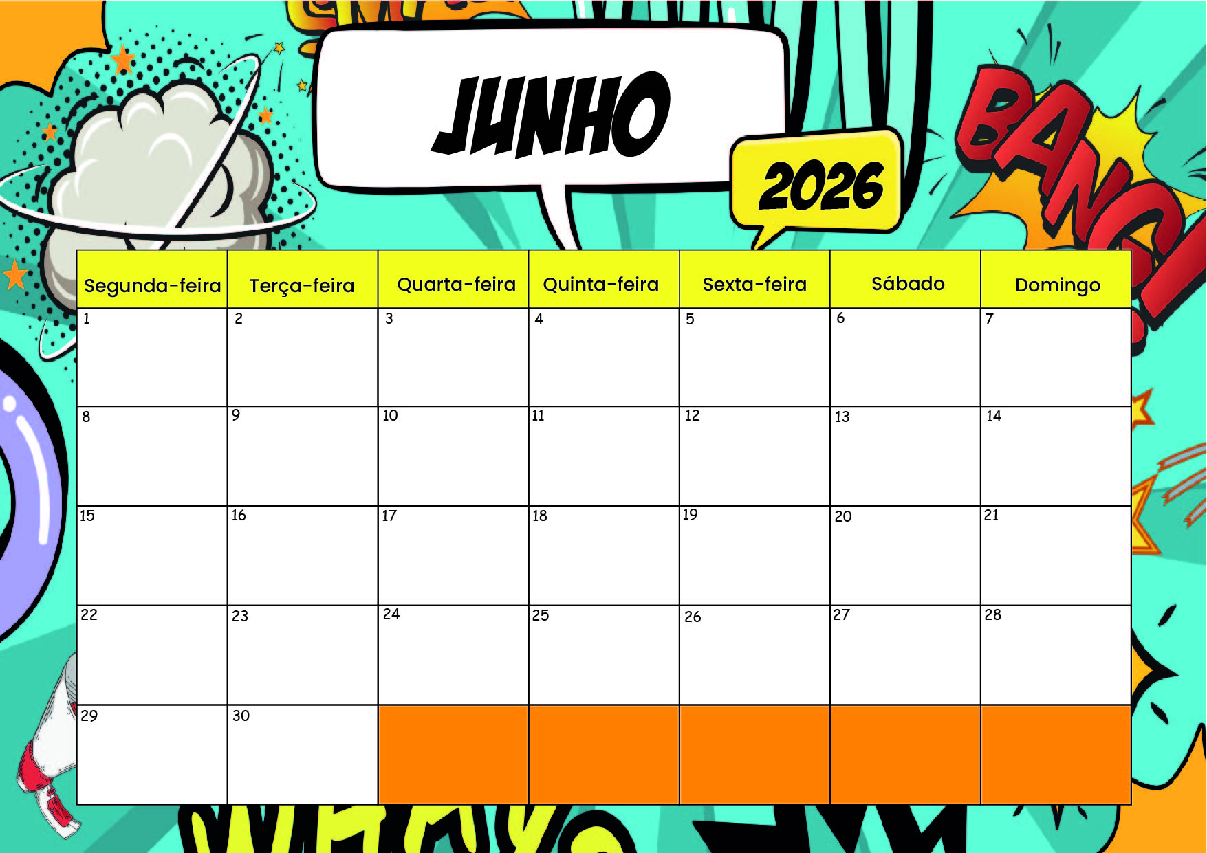 Calendário Junho 2026 para imprimir