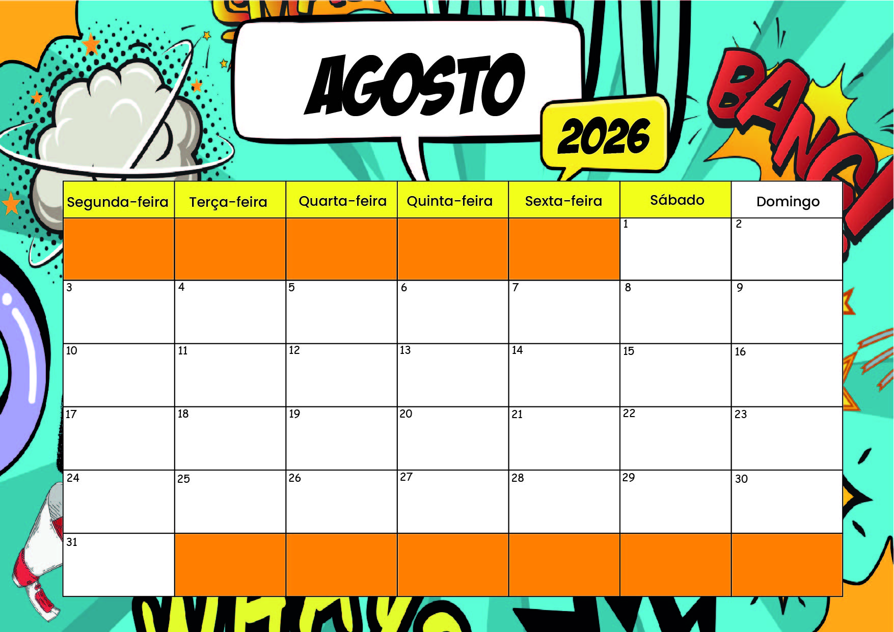 Calendário Agosto 2026 para imprimir