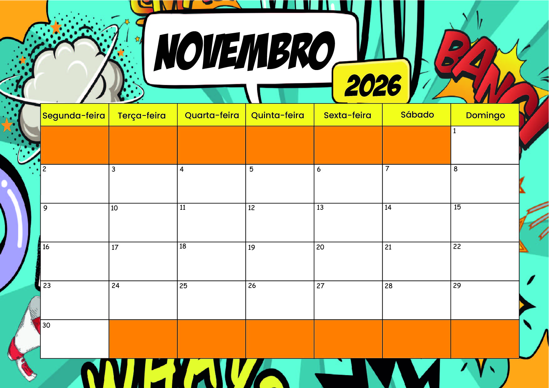 Calendário Novembro 2026 para imprimir