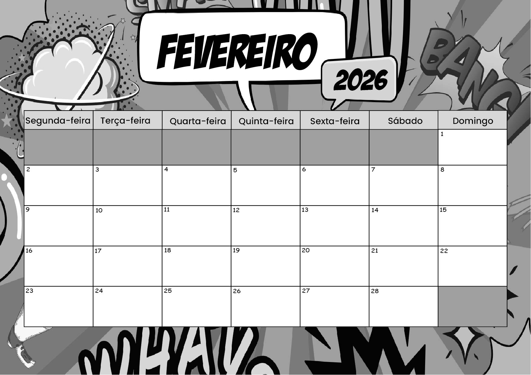Calendário Fevereiro 2026 para imprimir