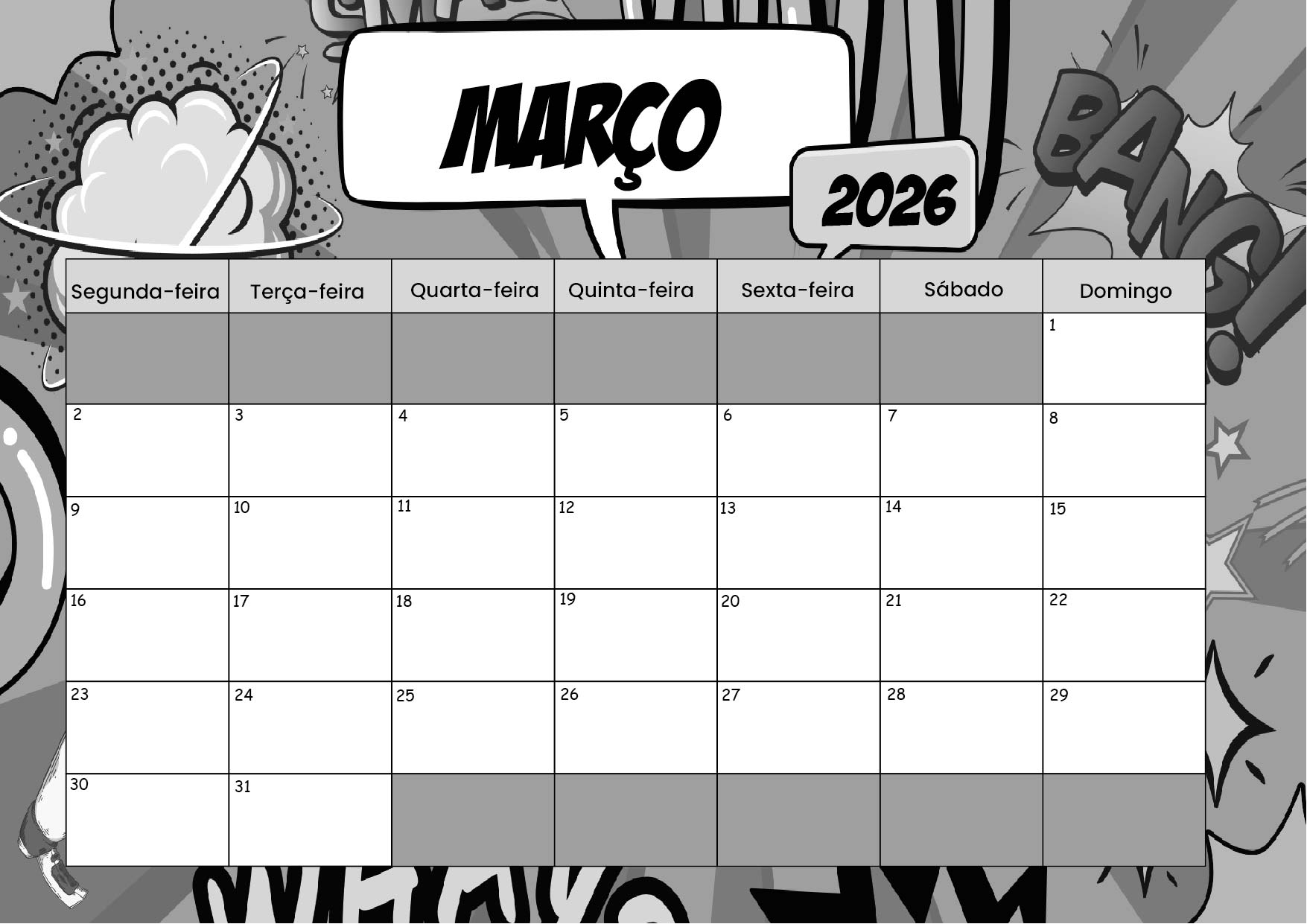 Calendário de Março de 2026 para imprimir em PDF