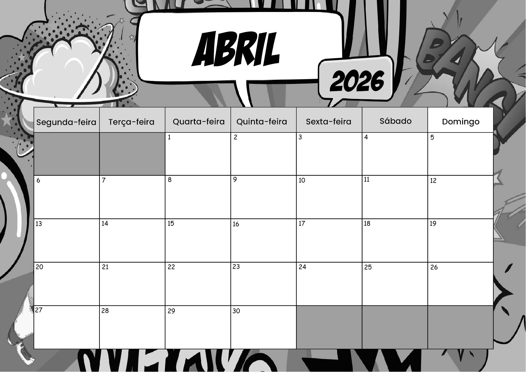 Calendário de Abril de 2026 para imprimir em PDF