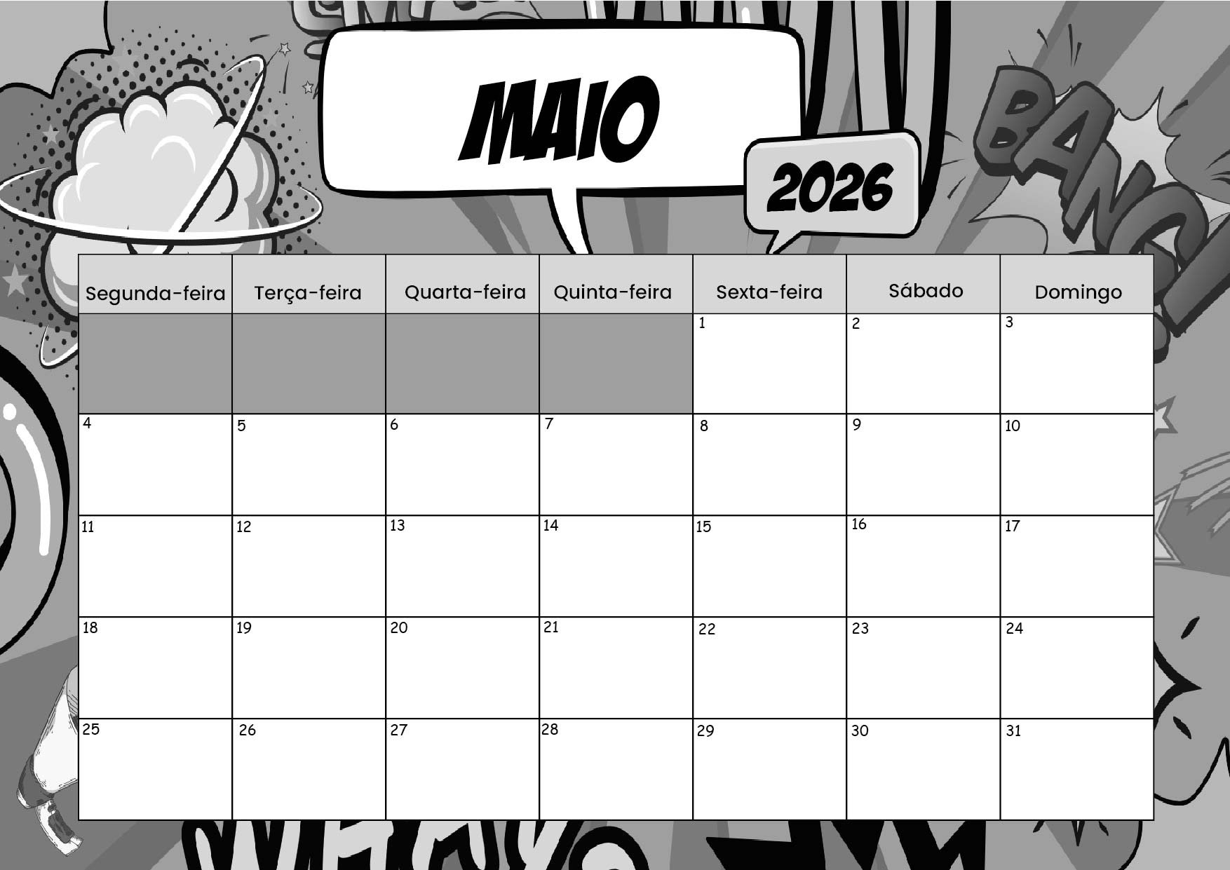 Calendário Maio 2026 para imprimir