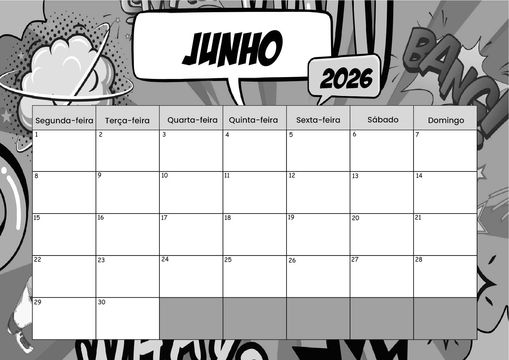 Calendário Junho 2026 para imprimir