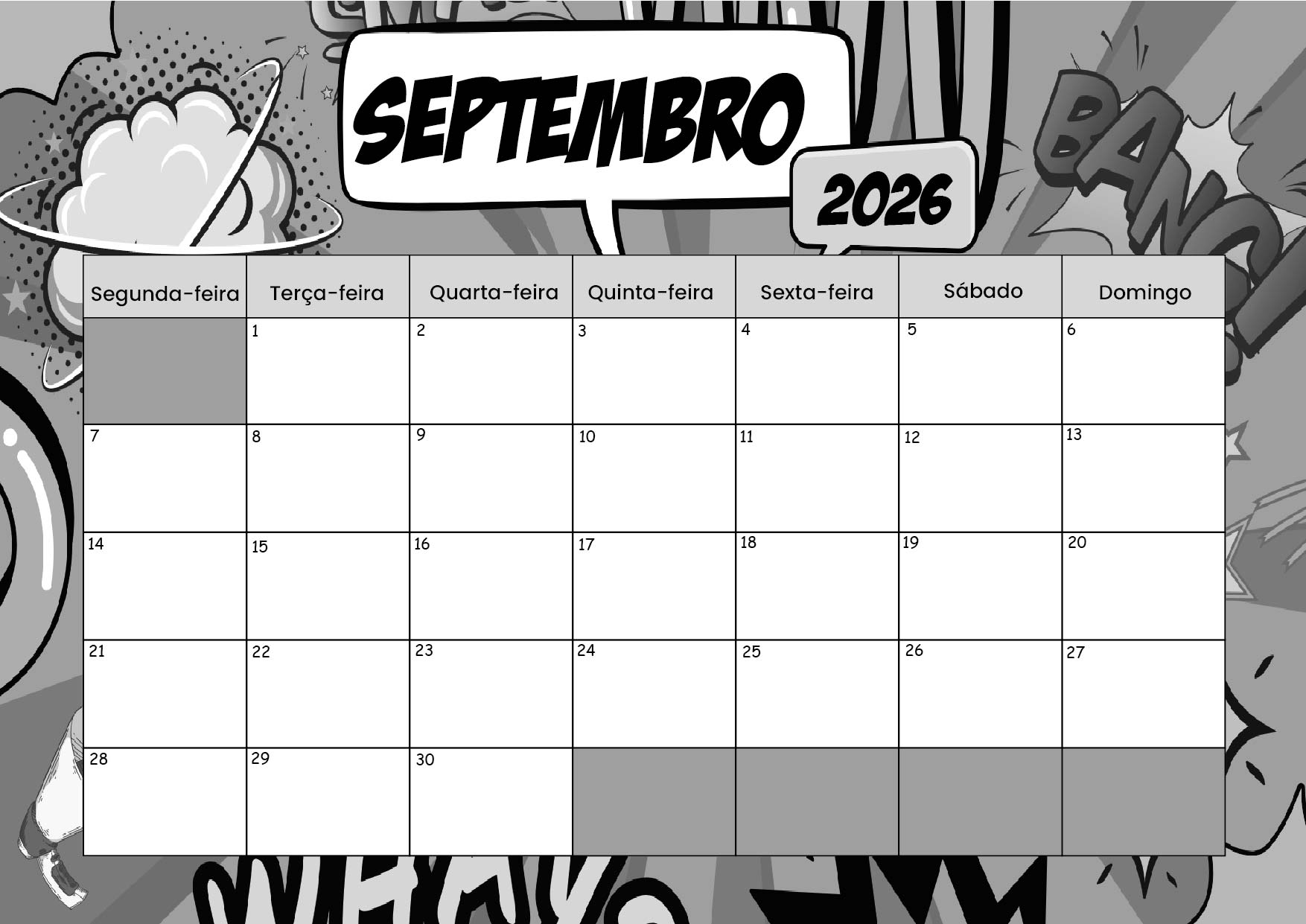 Calendário Setembro 2026 para imprimir