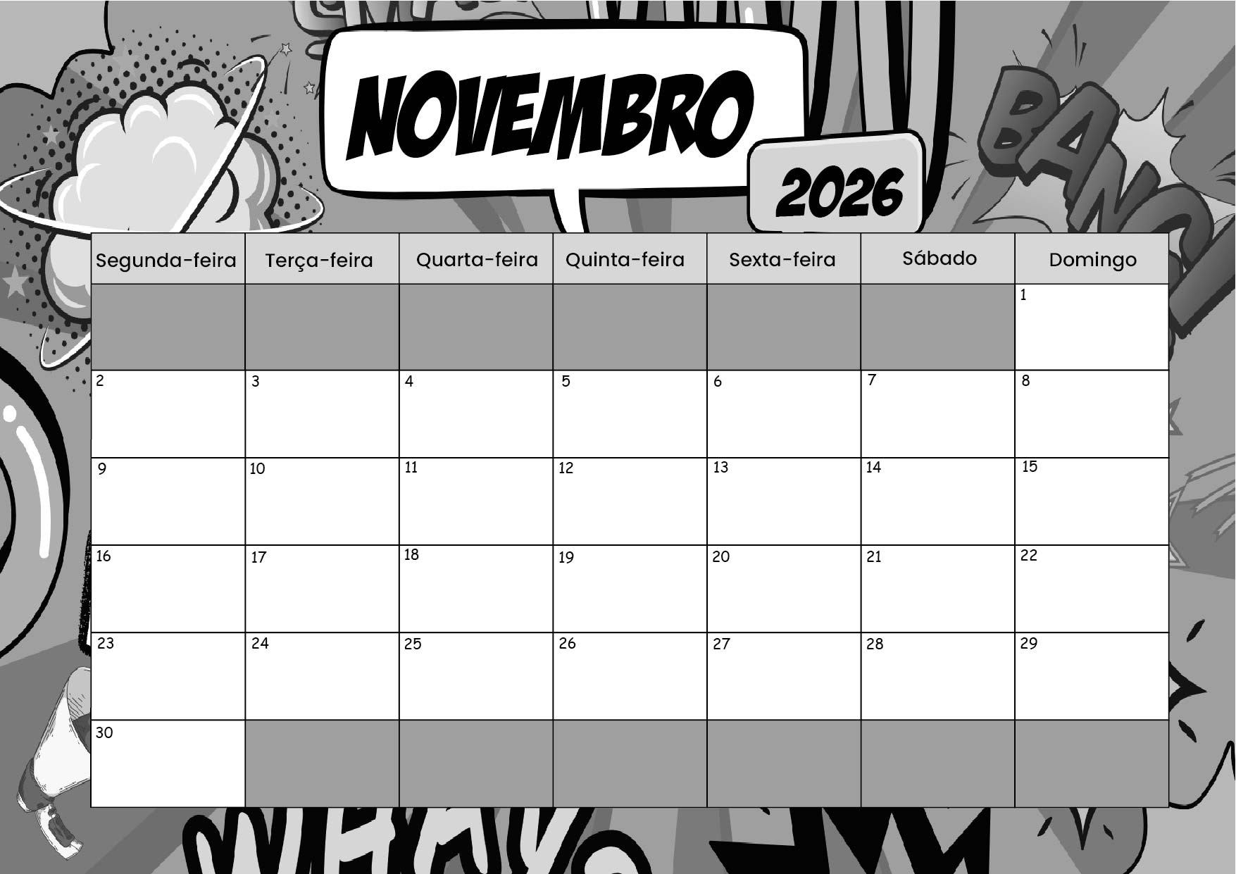 Calendário Novembro 2026 para imprimir