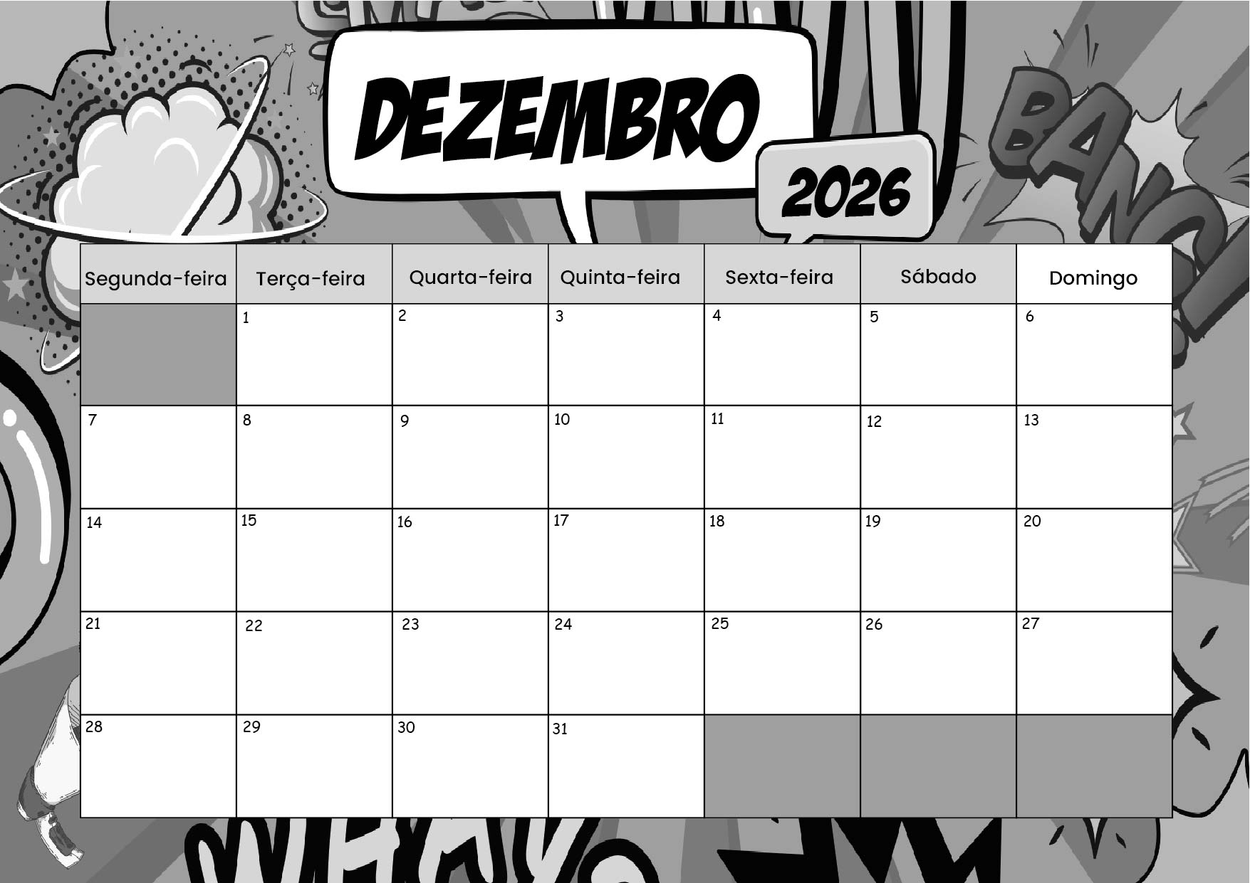 Calendário Dezembro 2026 para imprimir