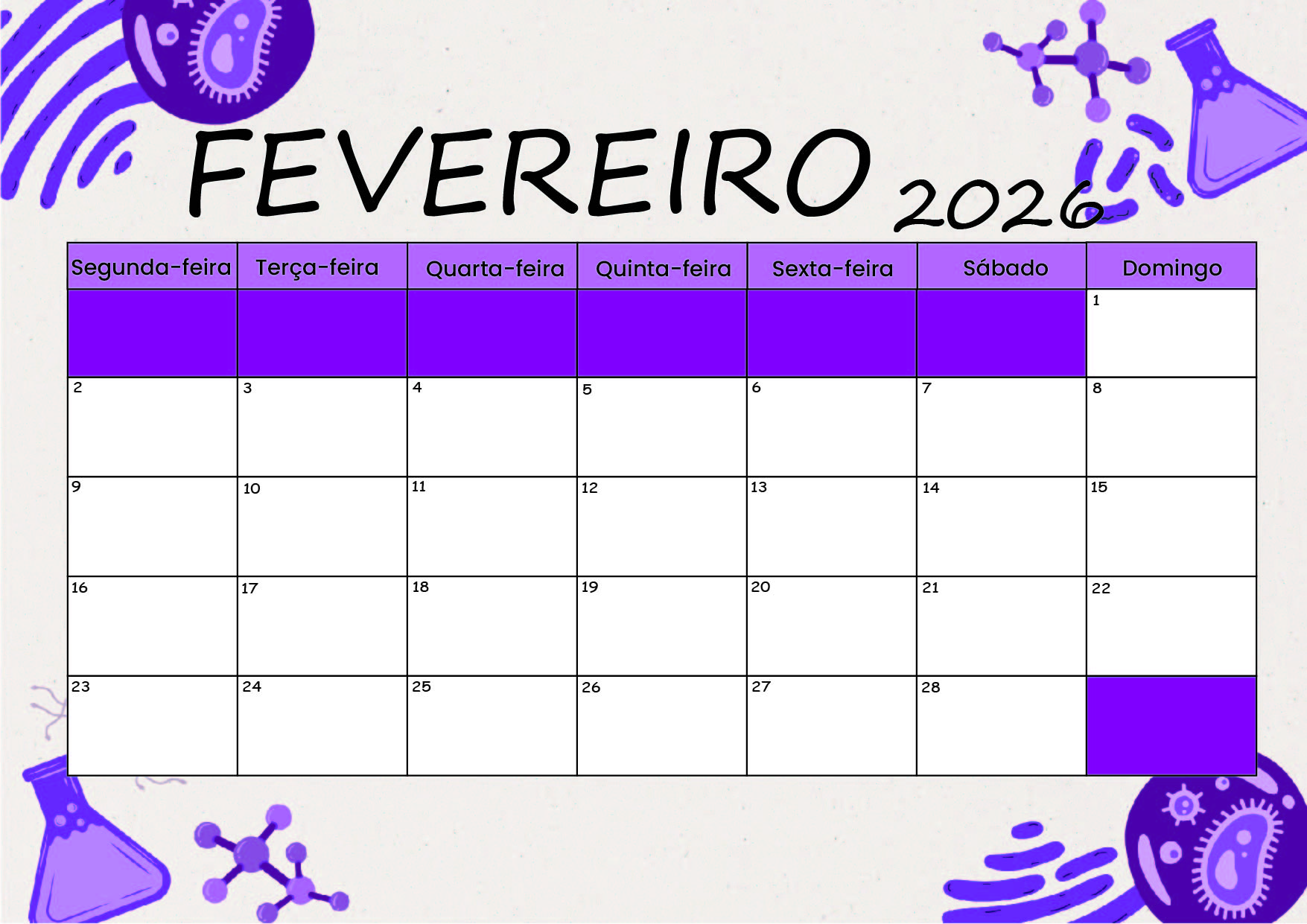 Calendário Fevereiro 2026 para imprimir