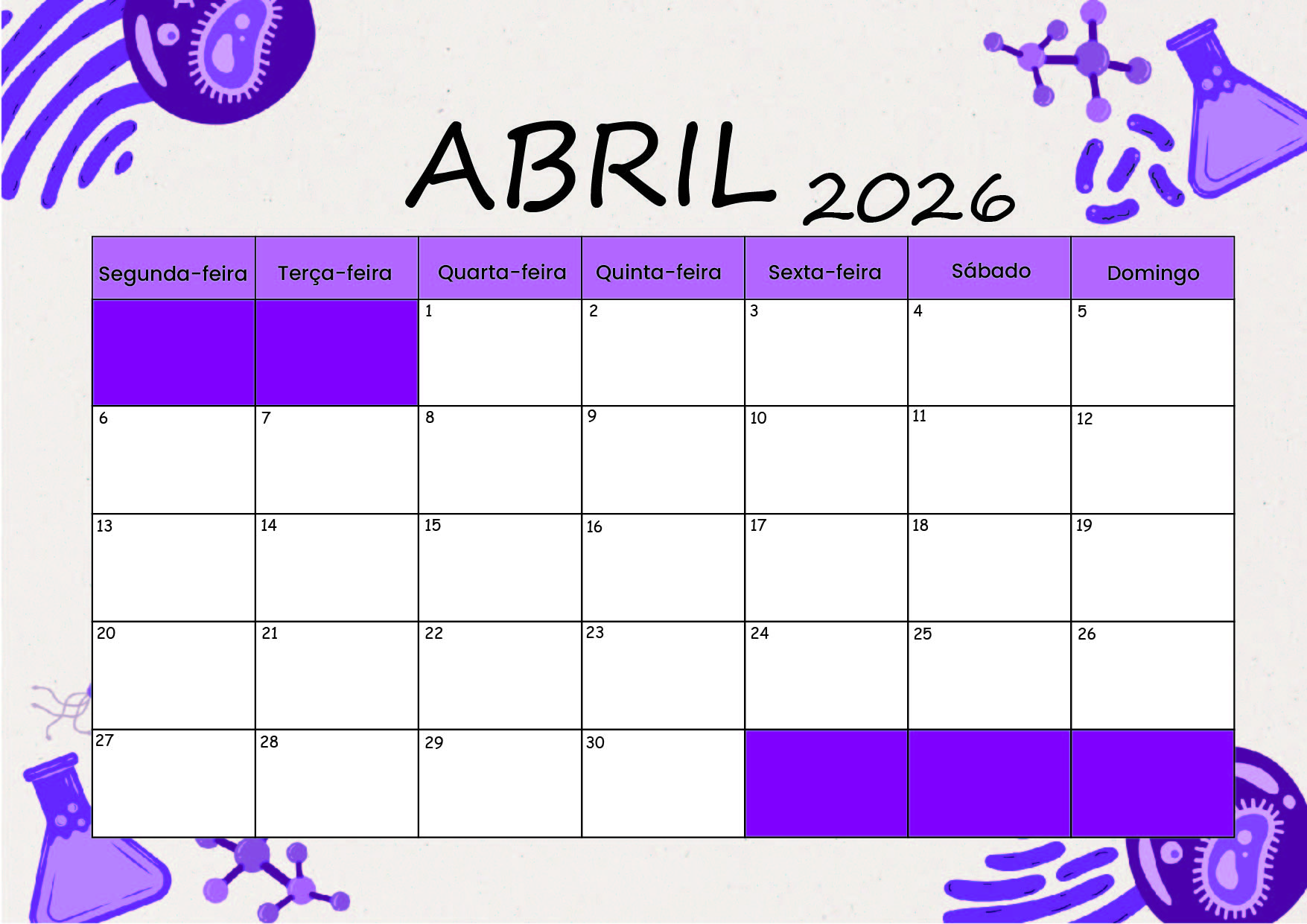 Calendário de Abril de 2026 para imprimir em PDF