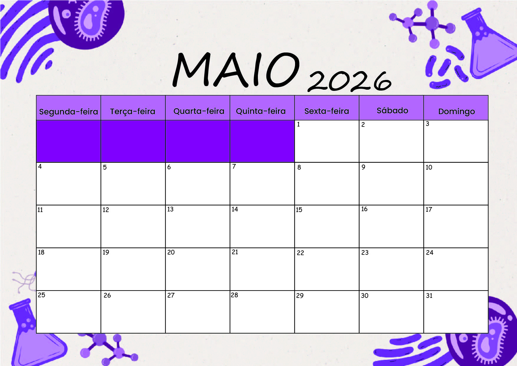 Calendário Maio 2026 para imprimir