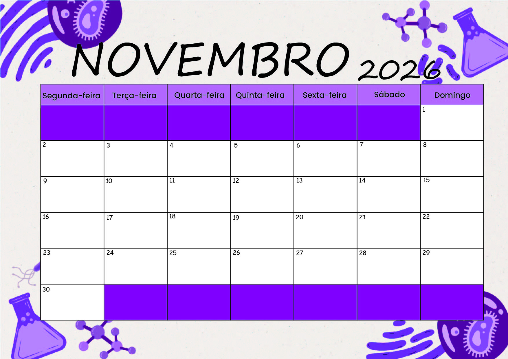 Calendário Novembro 2026 para imprimir
