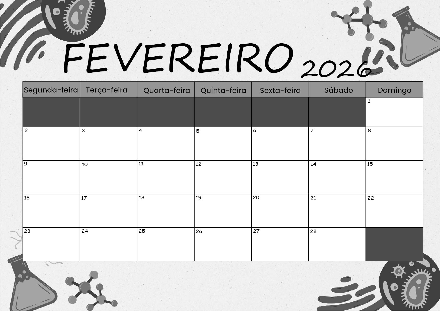Calendário Fevereiro 2026 para imprimir