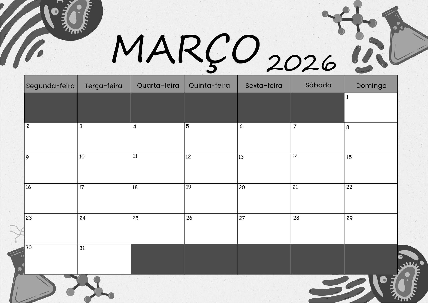 Calendário de Março de 2026 para imprimir em PDF