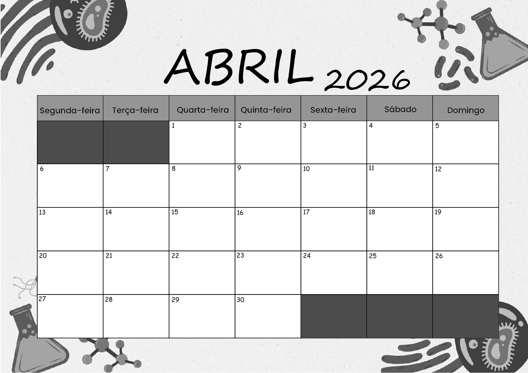 Calendário de Abril de 2026 para imprimir em PDF