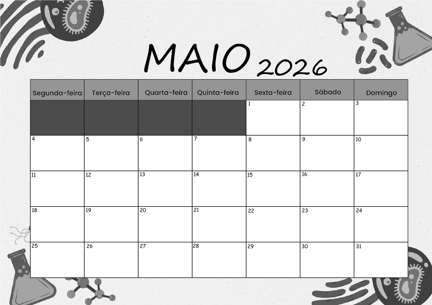 Calendário Maio 2026 para imprimir