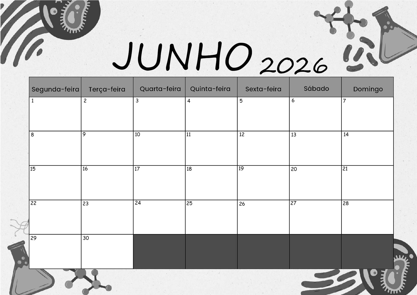 Calendário Junho 2026 para imprimir